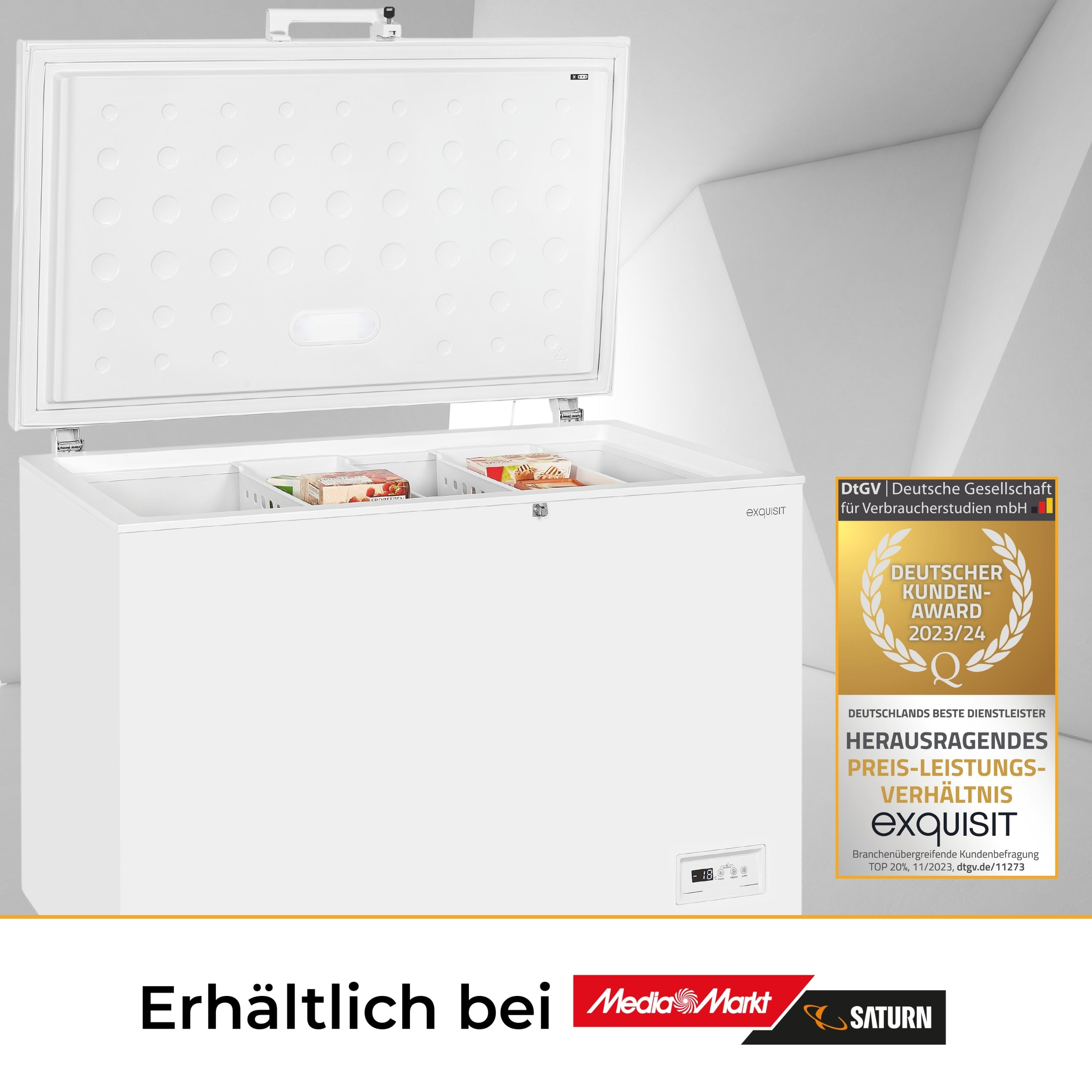Weiße Truhe mit offenem Deckel, zeigt eine Box und eine Auszeichnung.