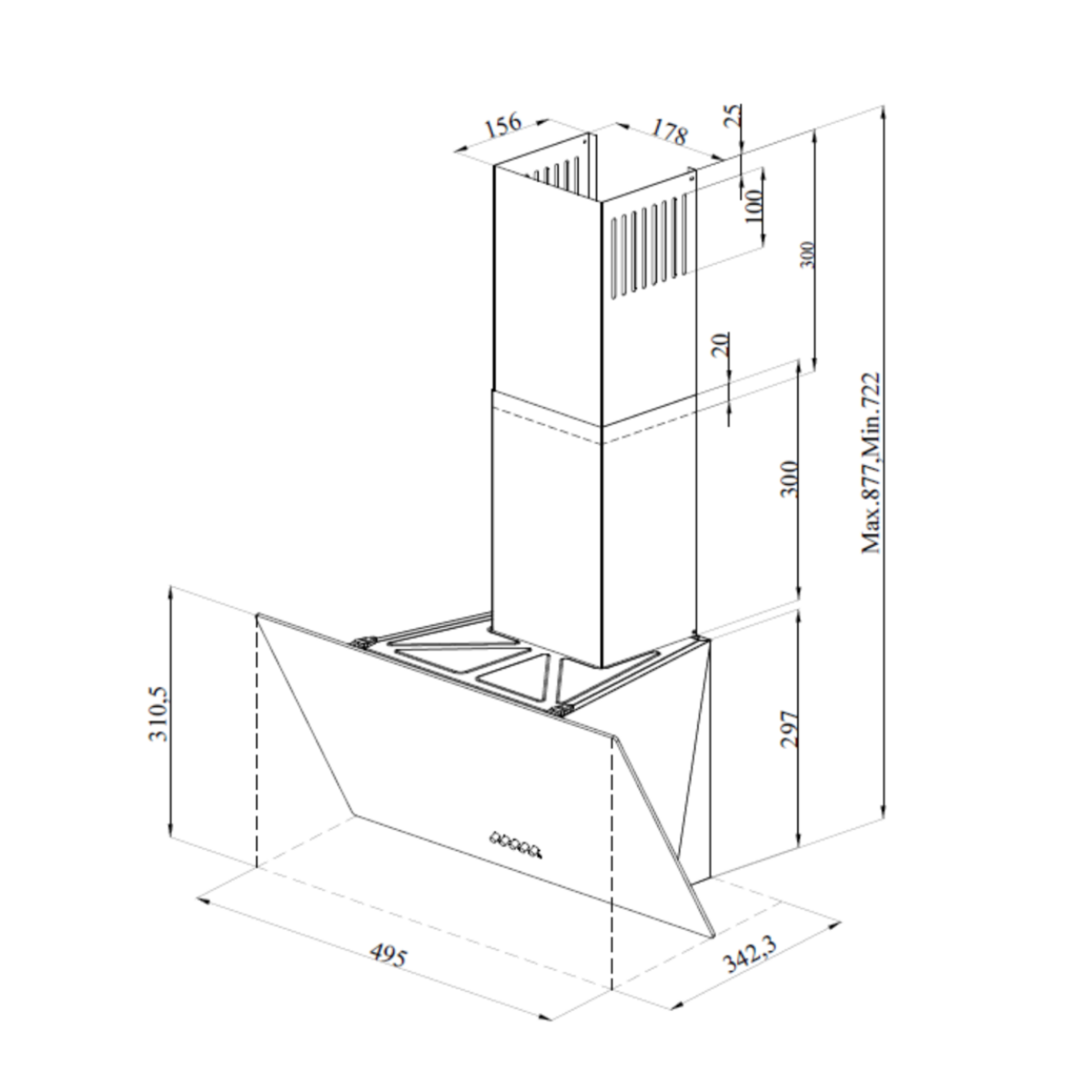 Dessin technique d'une hotte aspirante, montrant les dimensions et les formes.