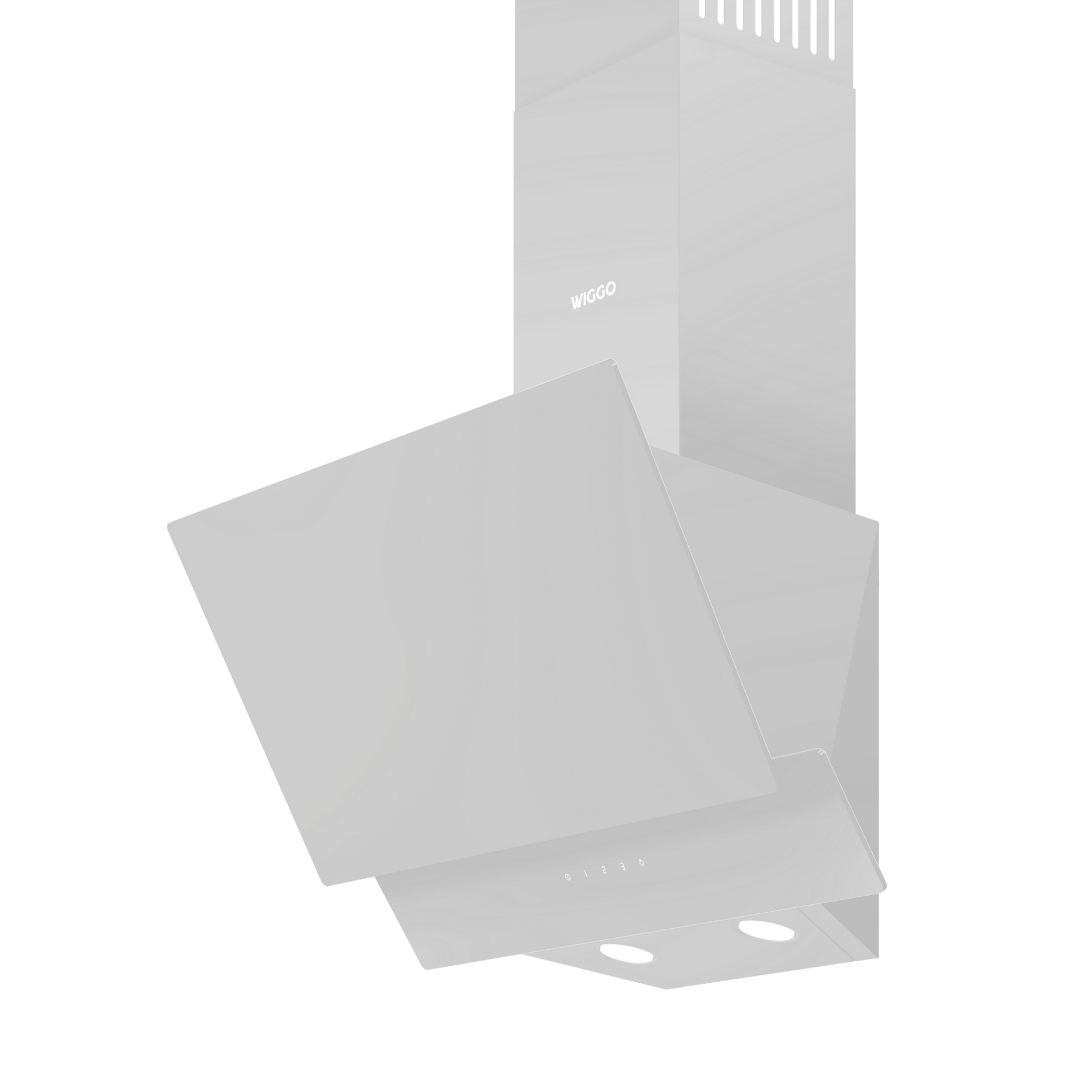 Une hotte de cuisine blanche avec la marque WIGGO. Elle a un design unique.