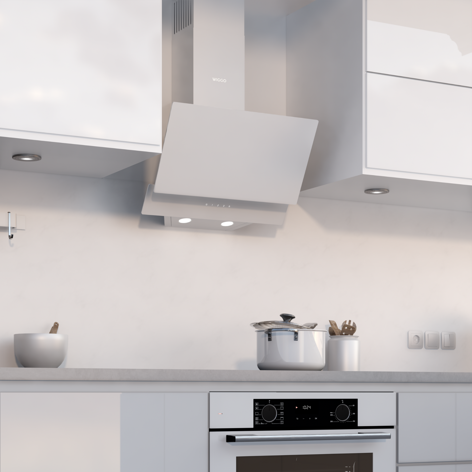 Moderne keuken met een witte afzuigkap boven een fornuis, kasten en lampen.