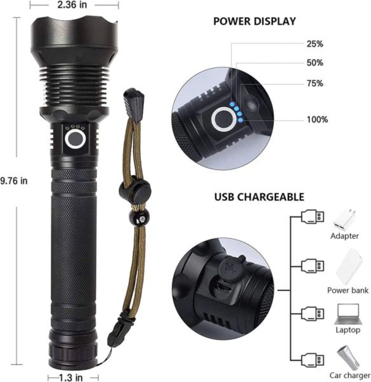 Linterna negra con medidas, indicador de energía y opciones de carga USB. Tiene una correa para la muñeca.
