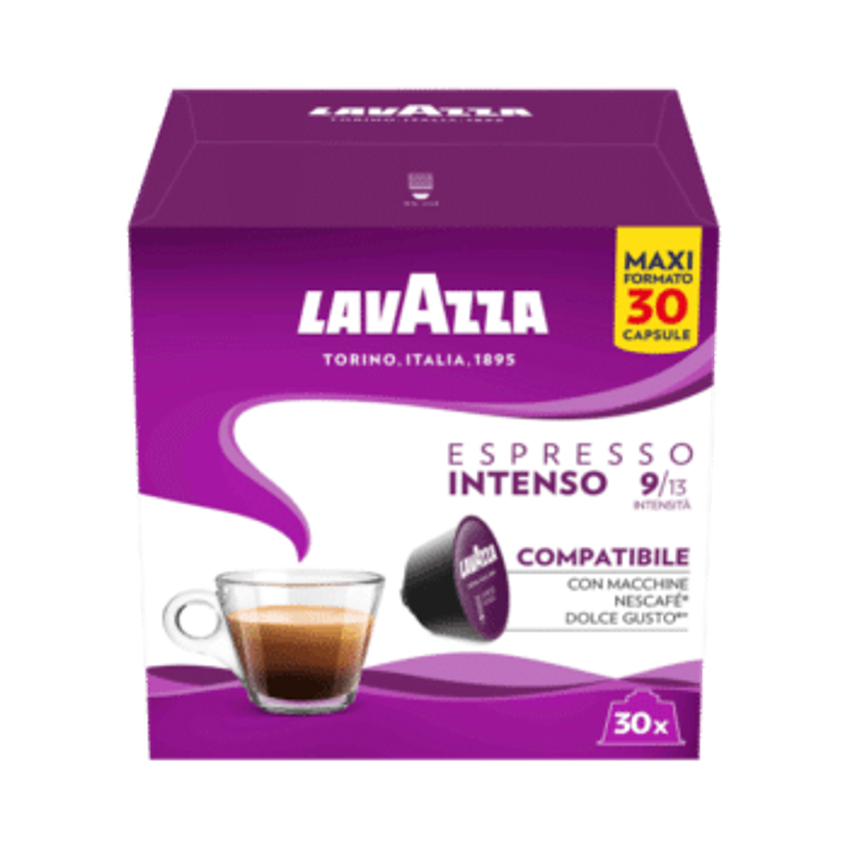 Scatola di capsule di caffè Lavazza Espresso Intenso con immagine di tazza di caffè ed etichetta '30 capsule'.