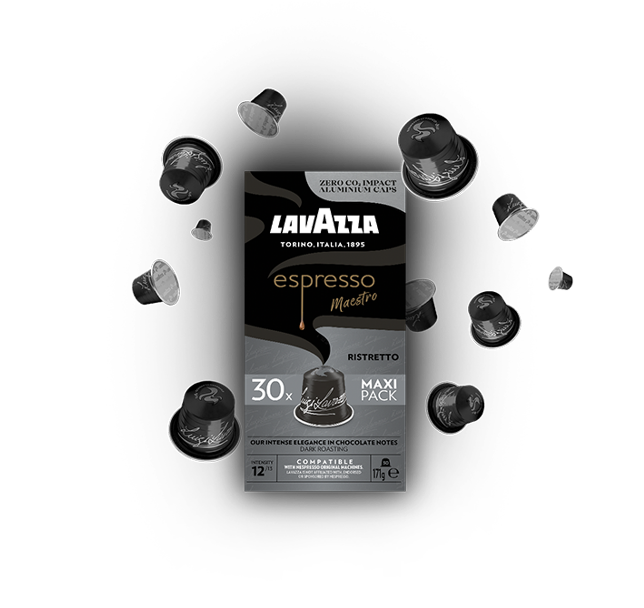 Cápsulas de café y una caja de espresso Lavazza. Las cápsulas rodean la caja.