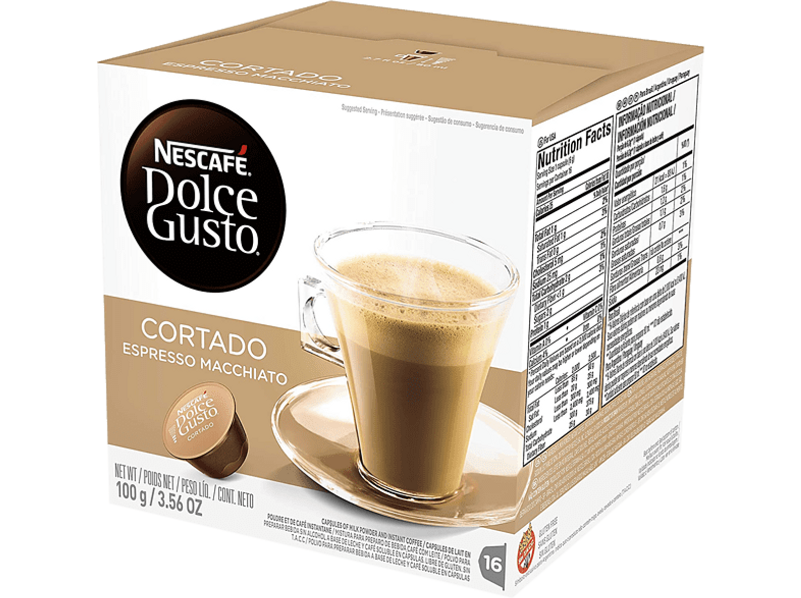 Nescafe Dolce Gusto Cortado Kaffeepackung und eine Tasse Kaffee. Enthält Nährwertangaben.