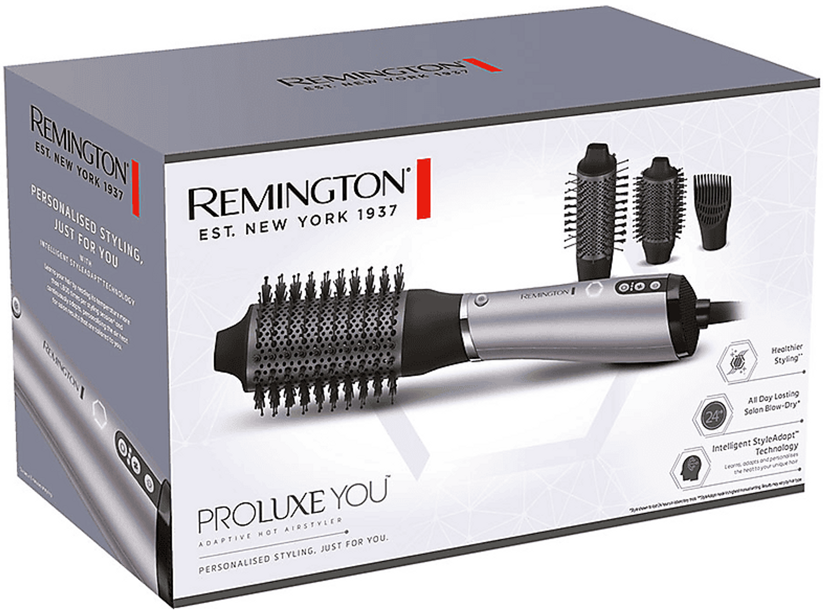 Scatola Remington per lo styling dei capelli con uno styler e accessori, sfondo bianco.