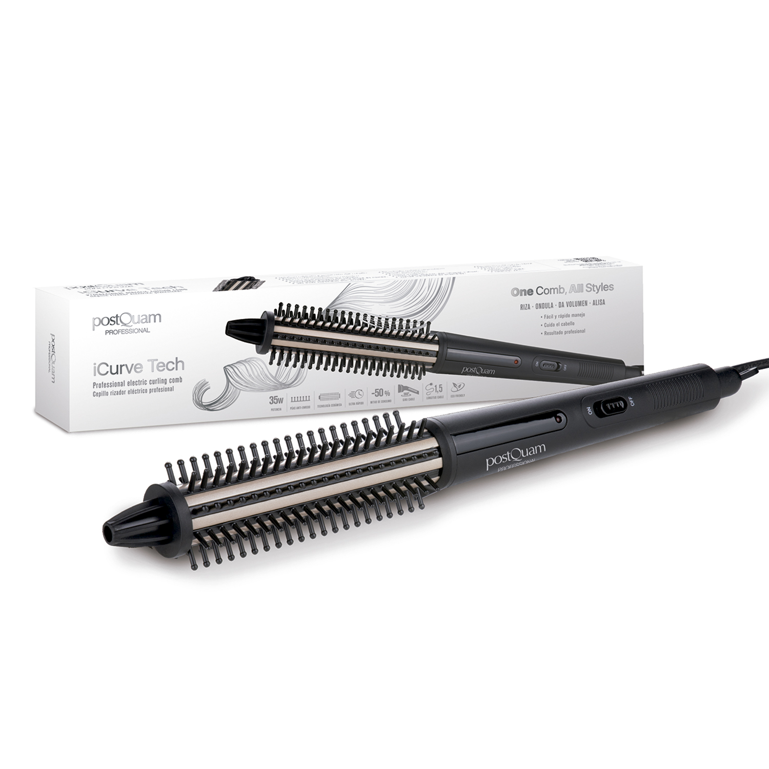 Czarna i srebrna lokówka z pudełkiem z tyłu. Lokówka i pudełko są na białej powierzchni.