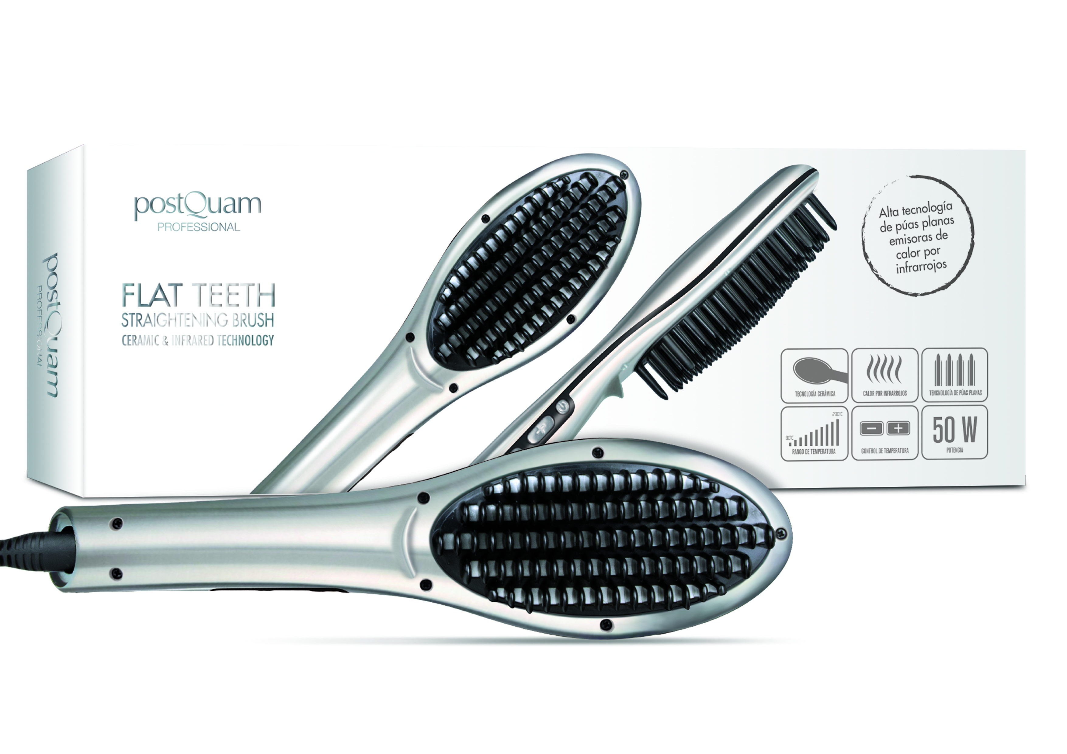 Hair straightening brush with the brand PostQuam. It has a silver body and black teeth. White background.