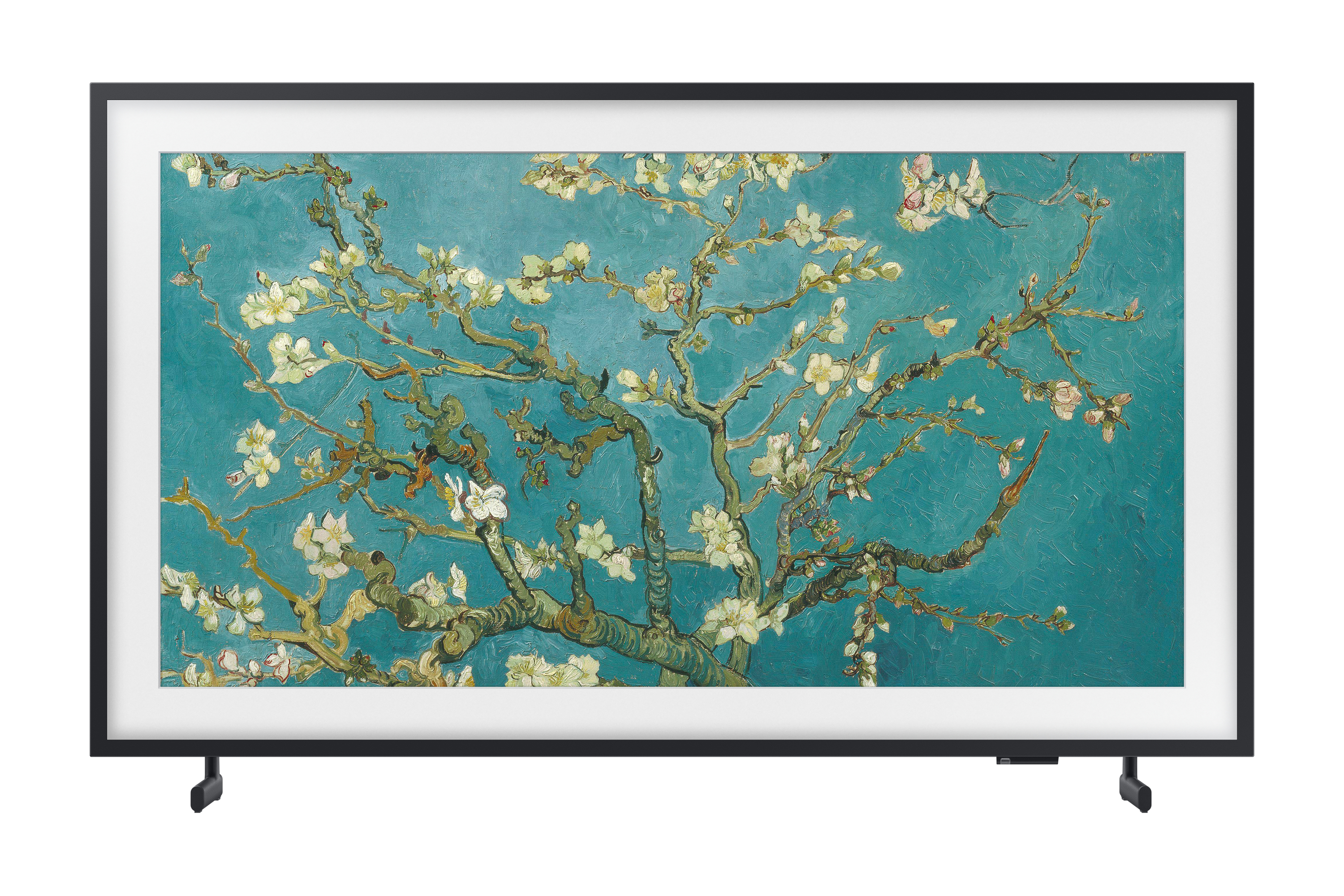 Czarny telewizor z ramą, wyświetlający obraz Almond Blossoms Van Gogha na tle turkusowym.