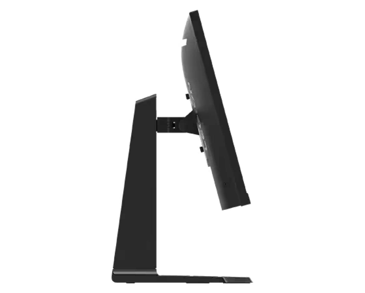 Widok z boku czarnego monitora komputera, ze stojakiem, na czarnym tle.