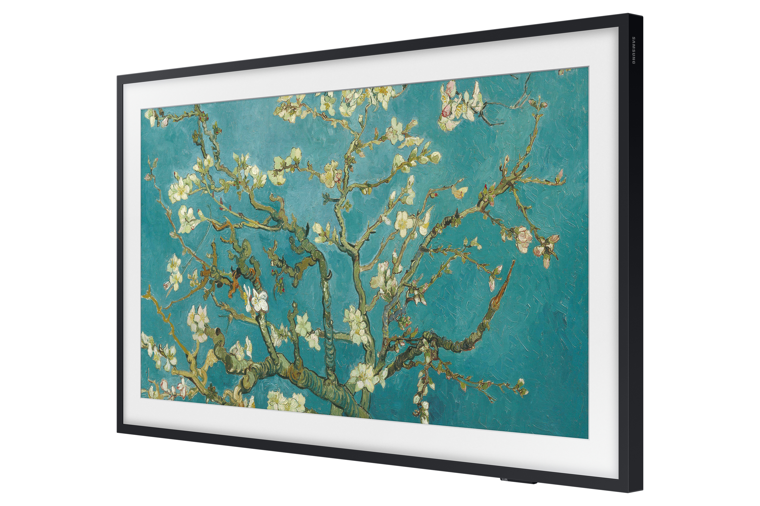 Un televisore Samsung con un'opera d'arte incorniciata (Van Gogh), in un ambiente stanza.
