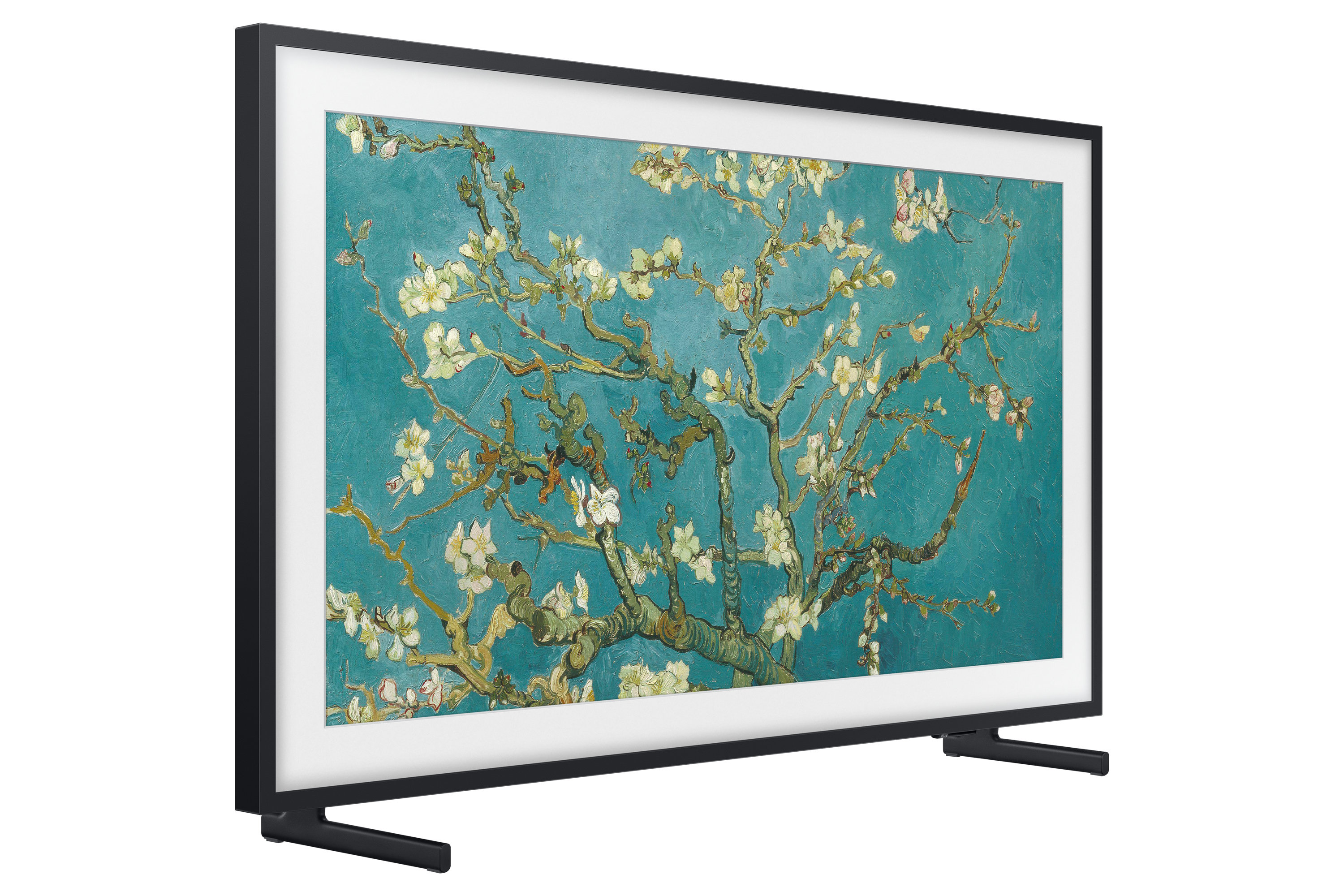 Un televisore Samsung Frame mostra un dipinto con sfondo turchese e fiori bianchi.