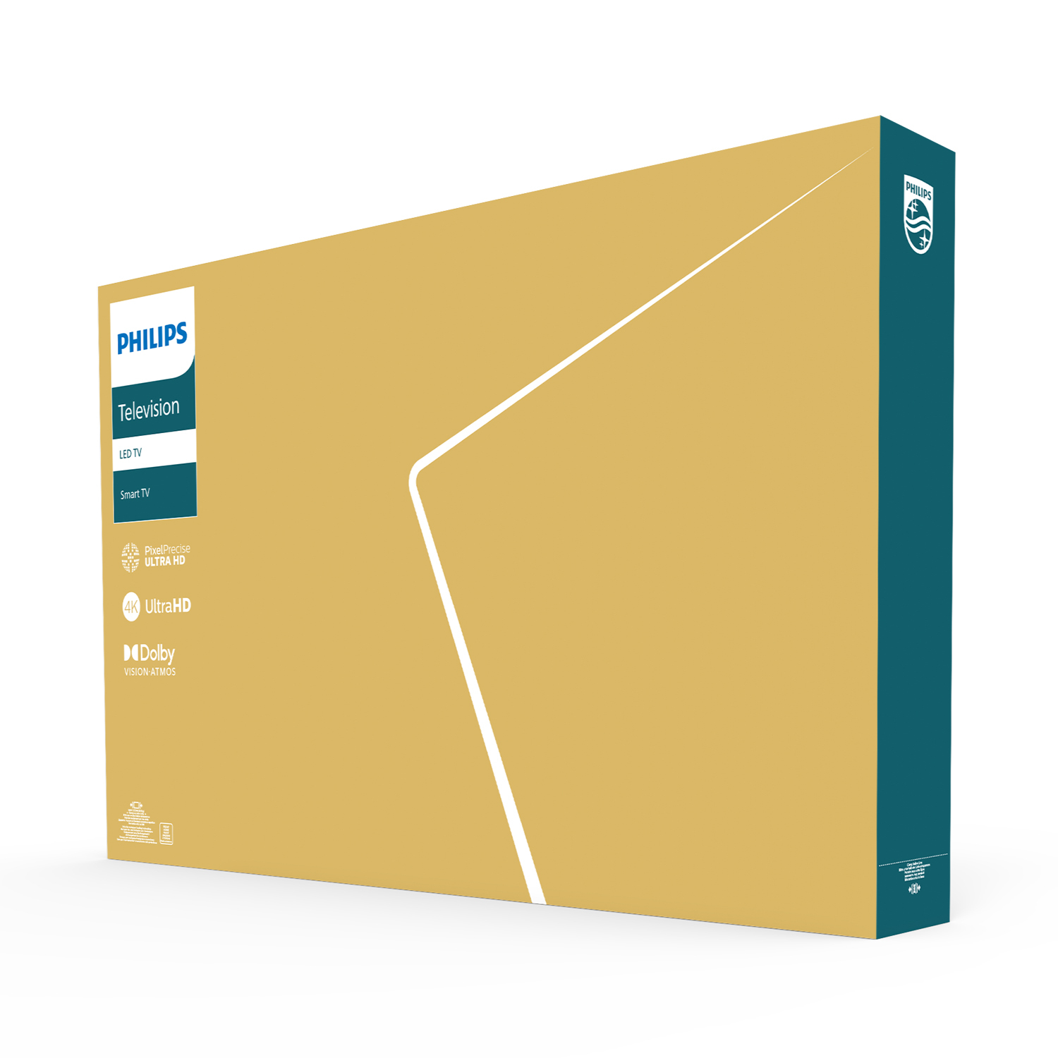 Pudełko po telewizorze z logo Philips. Pudełko jest beżowe i ma białą, ukośną linię.