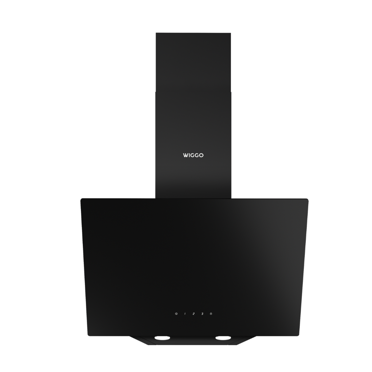 A black kitchen hood with the WIGGO logo. It has a rectangular body with a downward facing vent.