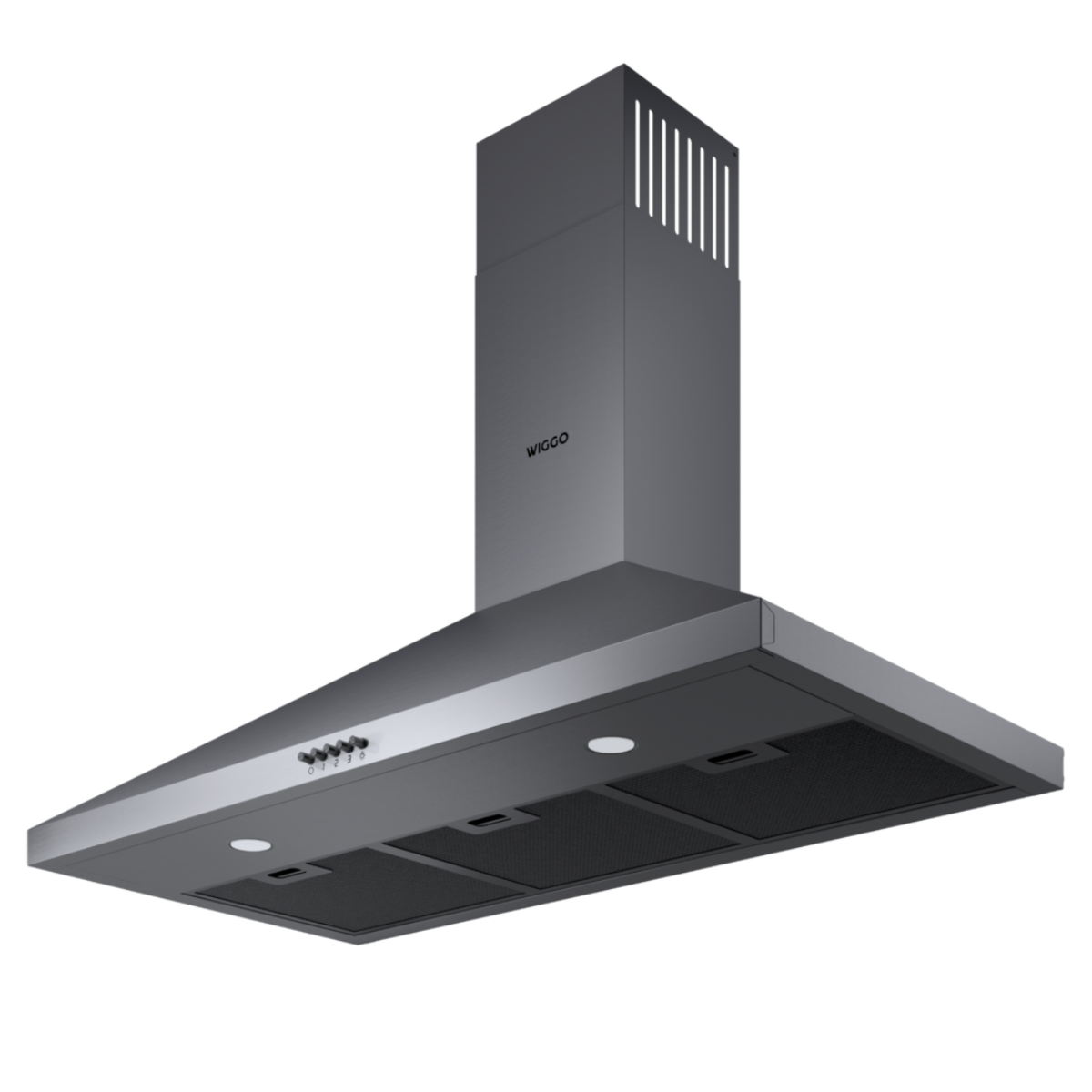Hotte de cuisine gris foncé avec commandes, marque Wiggo.
