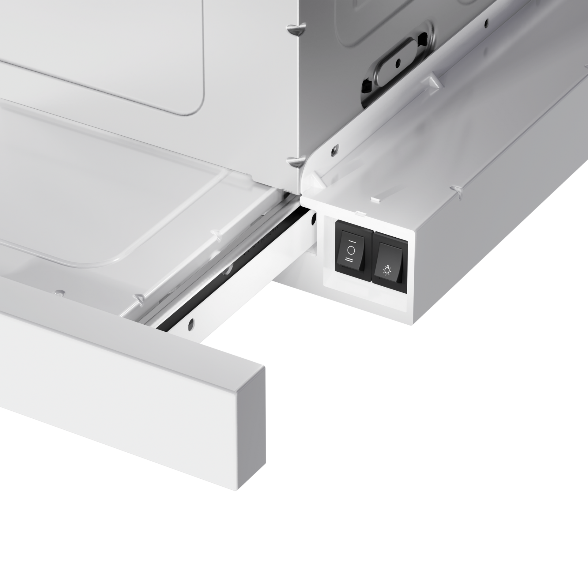 Gros plan sur un panneau de commande blanc de hotte avec interrupteurs d'alimentation et de lumière.
