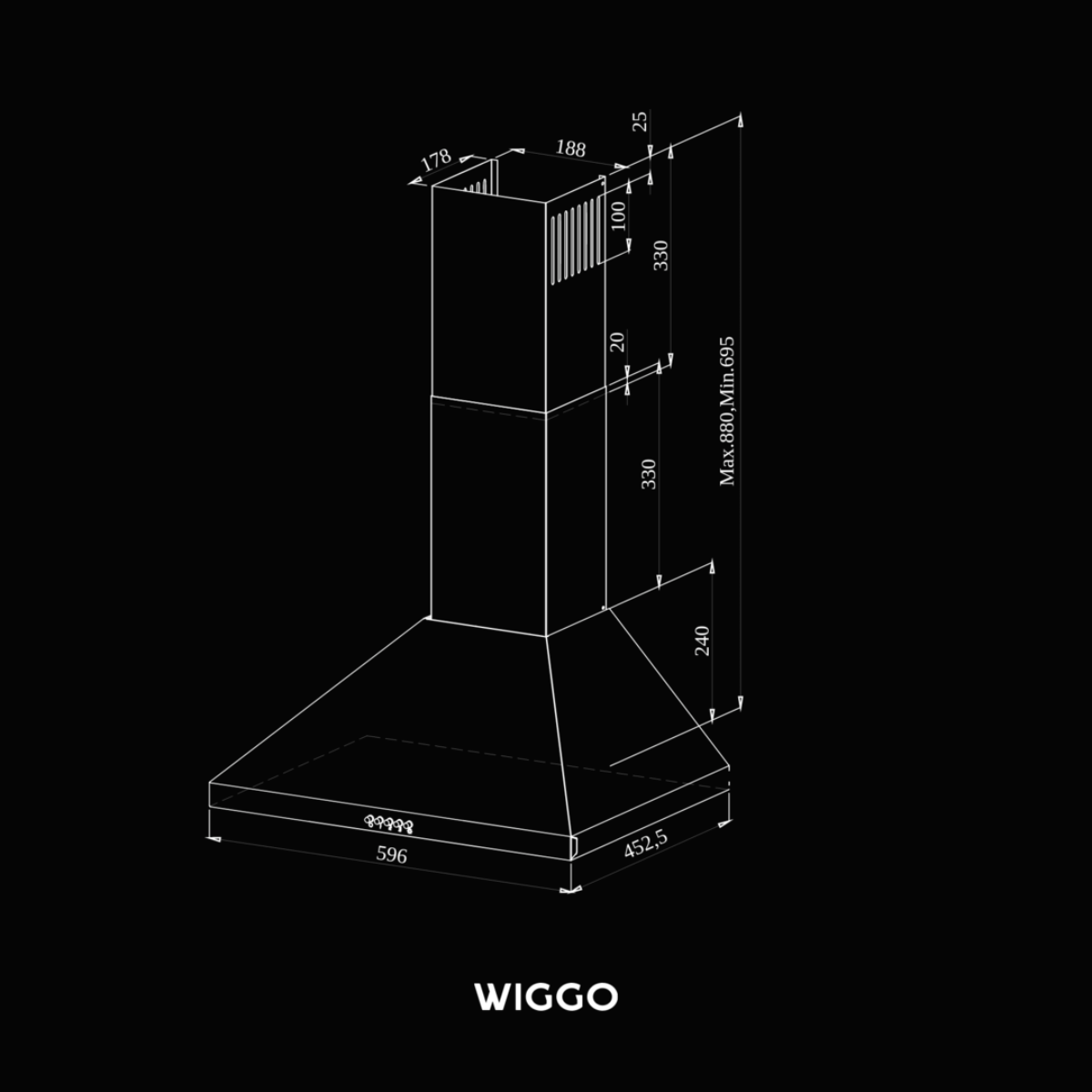 Technical drawing of a range hood. It shows dimensions and the brand name WIGGO.