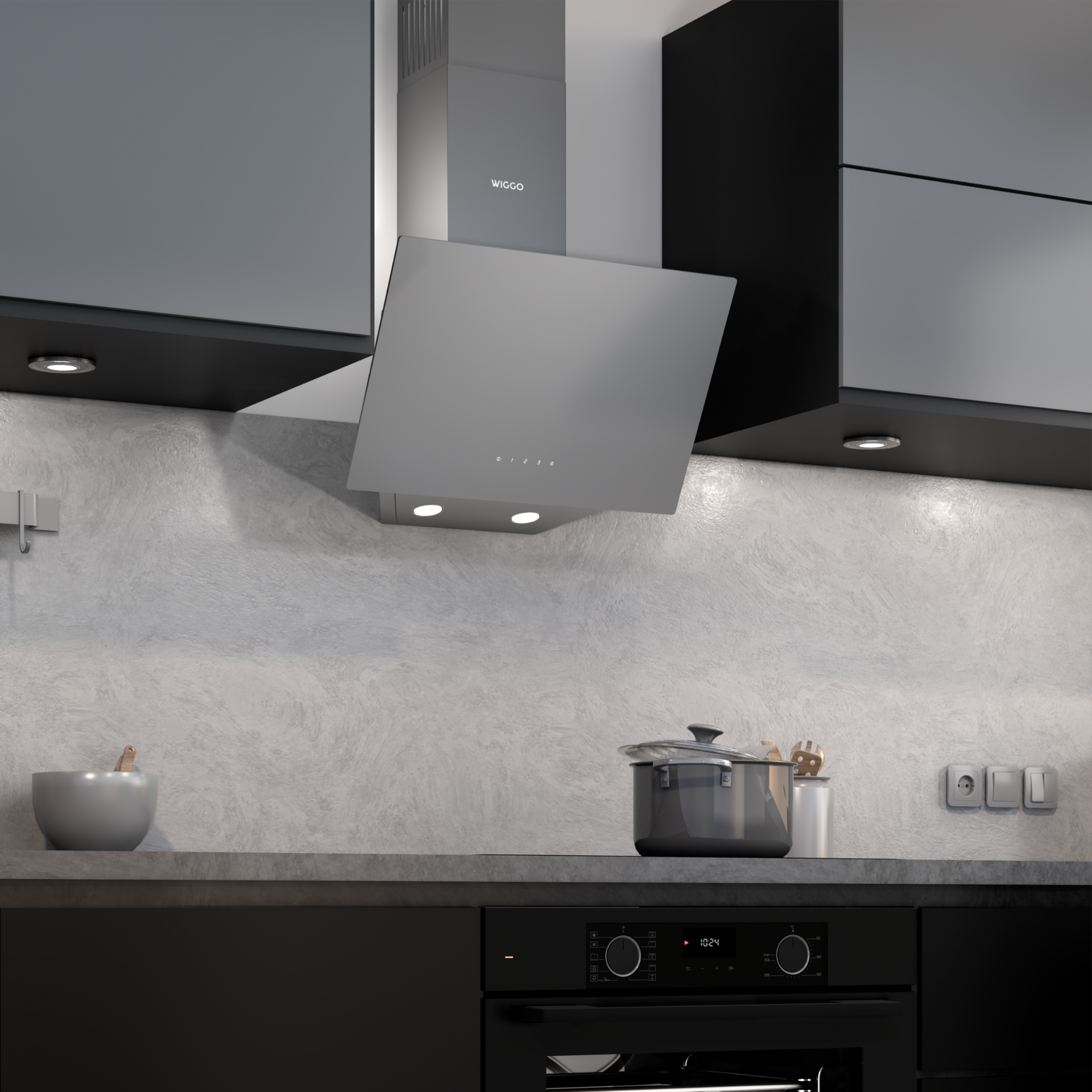 Scène de cuisine moderne avec une hotte et des appareils.