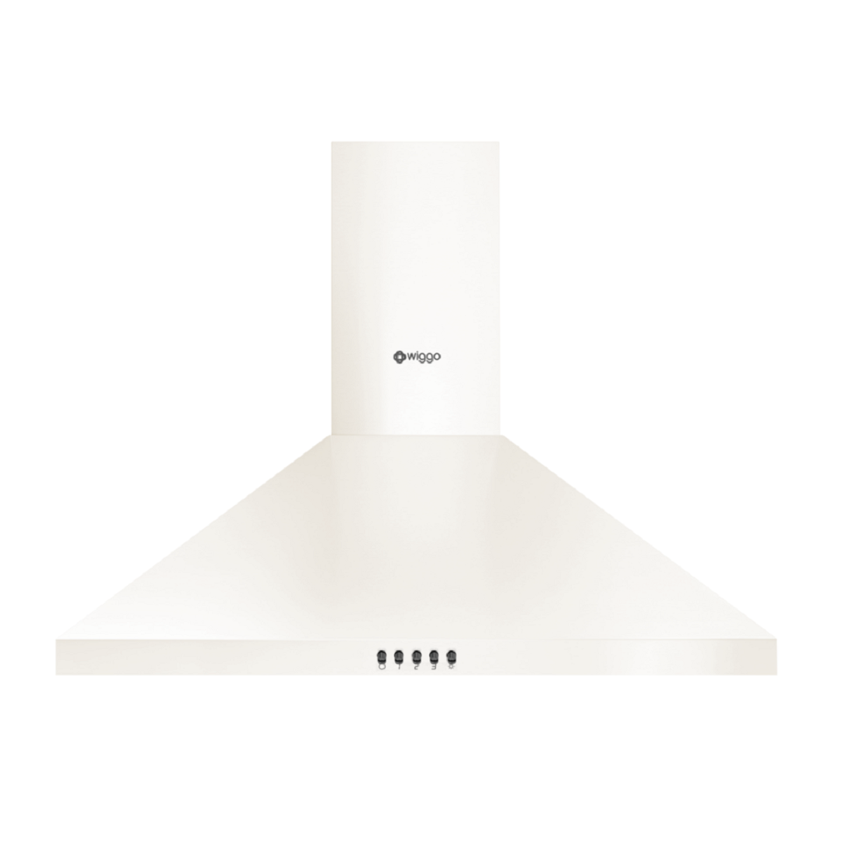 Hotte de cuisine blanche avec la marque WIGGO. A une cheminée rectangulaire haute. Commandes en bas.