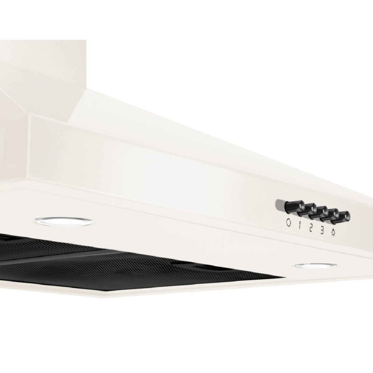 Gros plan sur une hotte aspirante blanche avec ventilation noire et lumières.