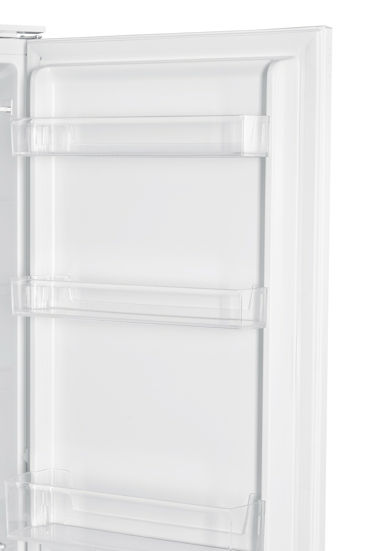 Inside a white refrigerator, showing shelves and clear plastic containers.