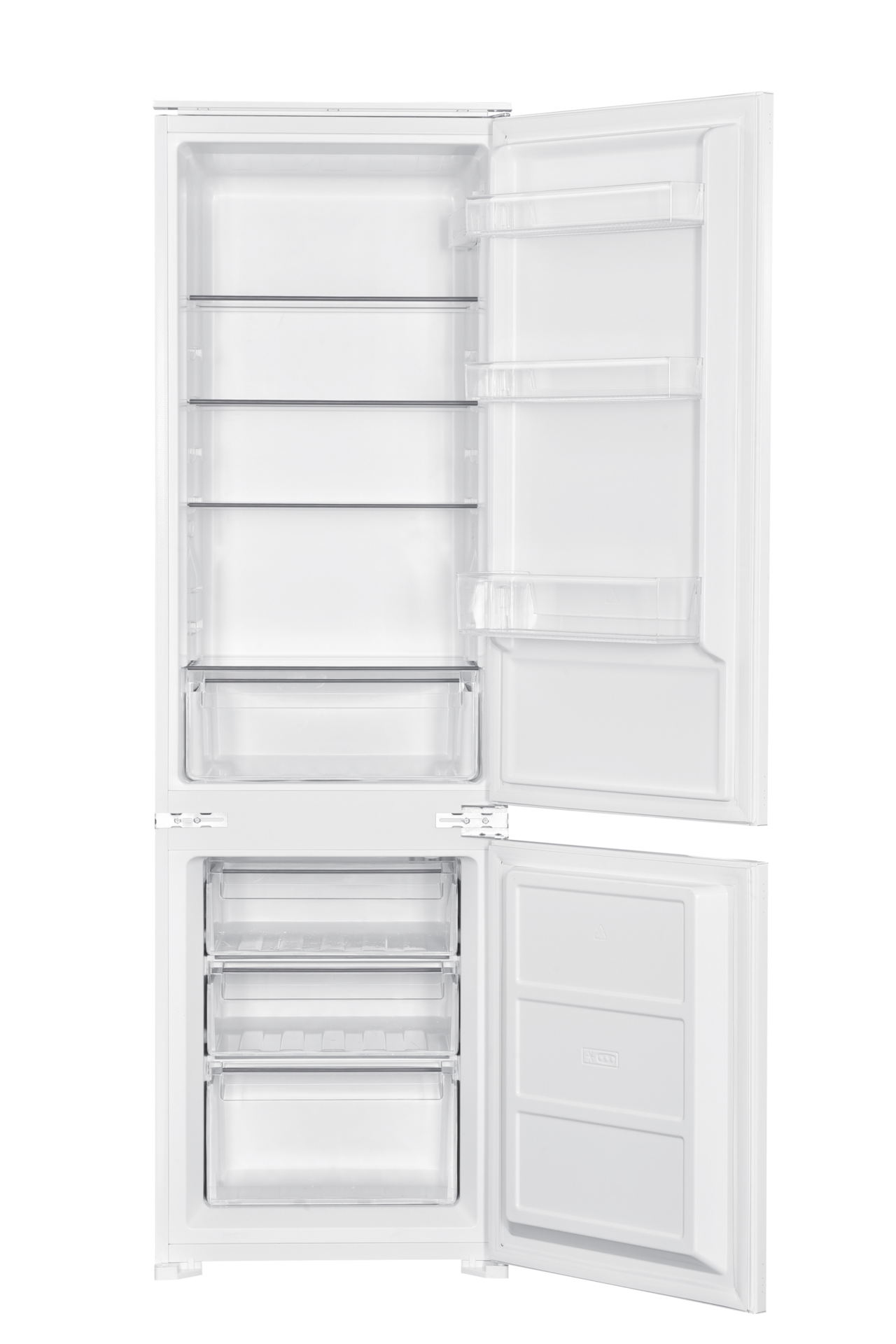 A white refrigerator with the doors open, revealing shelves and drawers inside. The background is black.