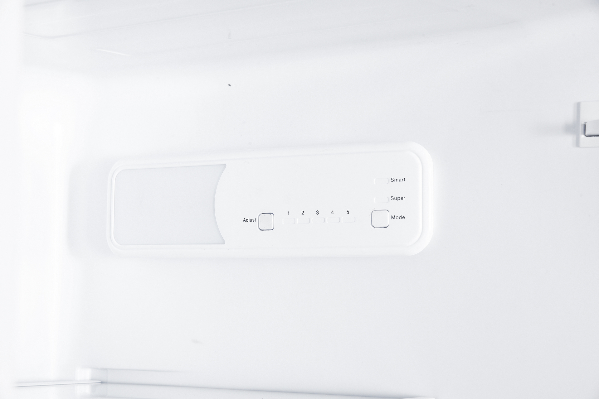 White appliance control panel with buttons labeled 1-5, adjust, smart, super, and mode. White background.