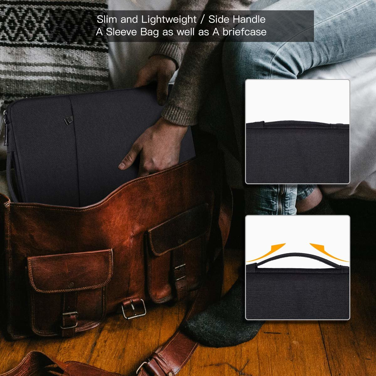 Czarny pokrowiec na laptopa z brązową skórzaną aktówką.