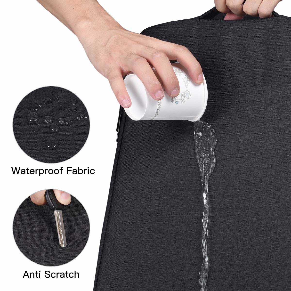 Ręka wylewa wodę z białego kubka na czarną torbę, z bliskimi ujęciami cech wodoodporności i odporności na zarysowania.