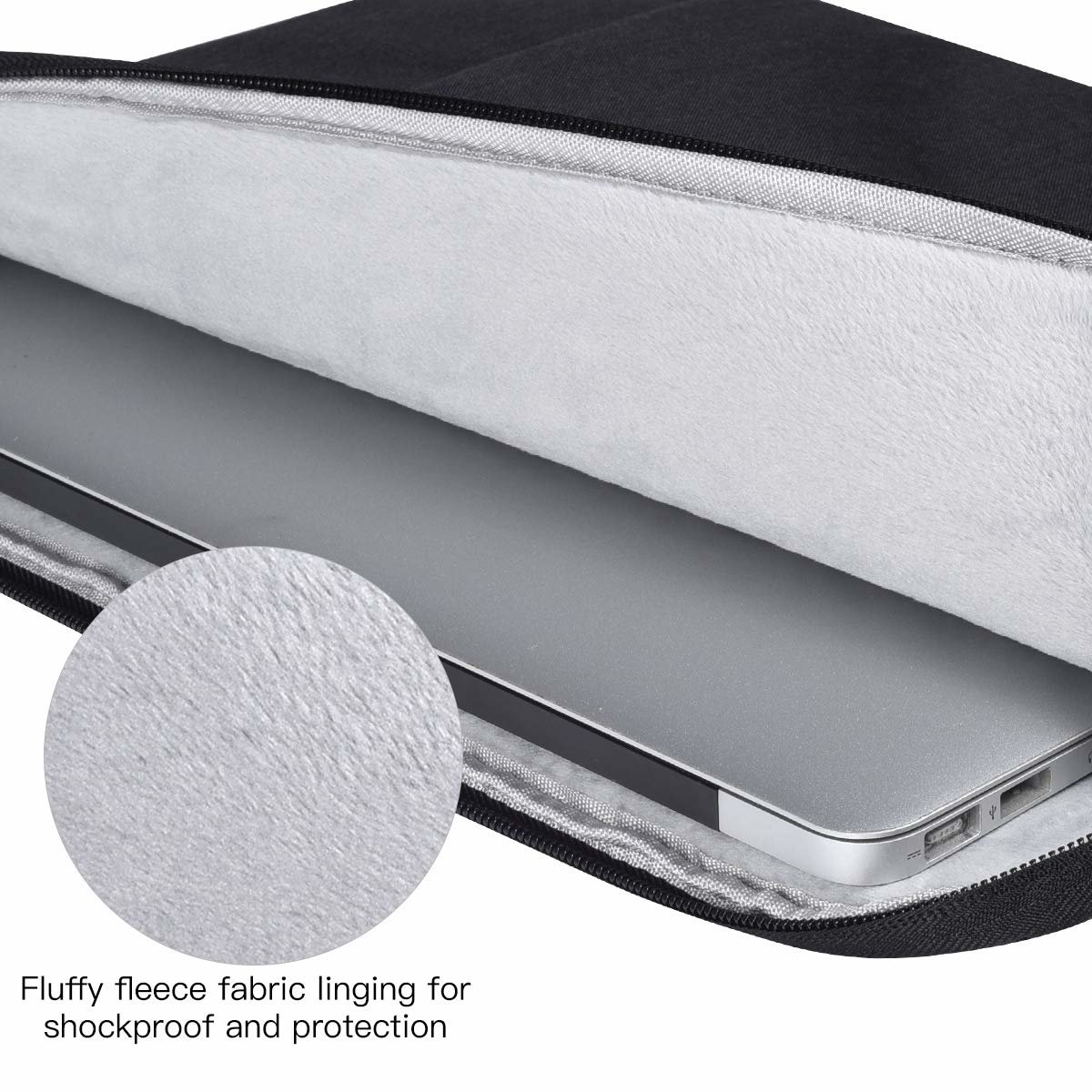 Laptop w czarnym etui z miękkim wnętrzem, zbliżenie na materiał, tekst poniżej.