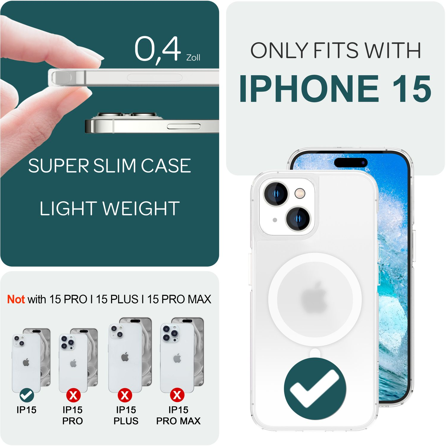 Eine iPhone 15-Hülle mit Text und Bildern. Die Hülle ist transparent und zeigt das Telefon. Text sagt, dass es nur für iPhone 15 passt.