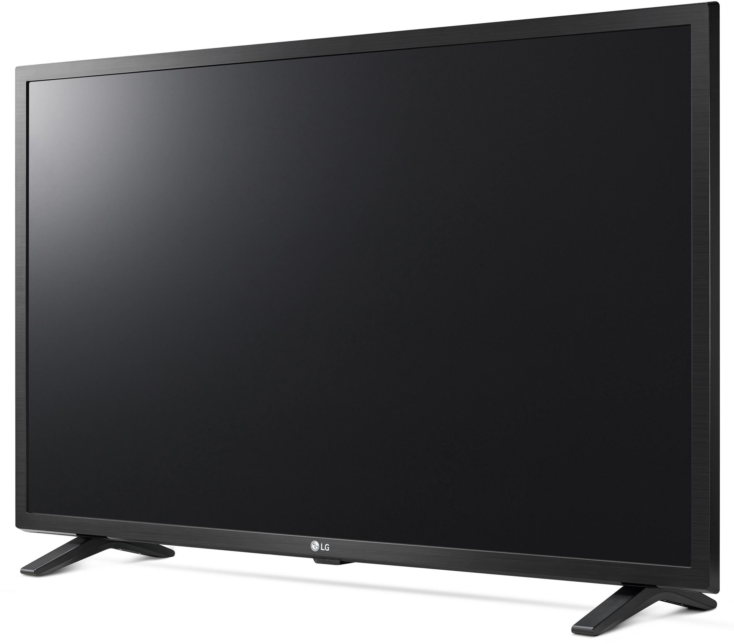 Una TV a schermo piatto nera su un supporto nero, leggermente inclinata di lato.
