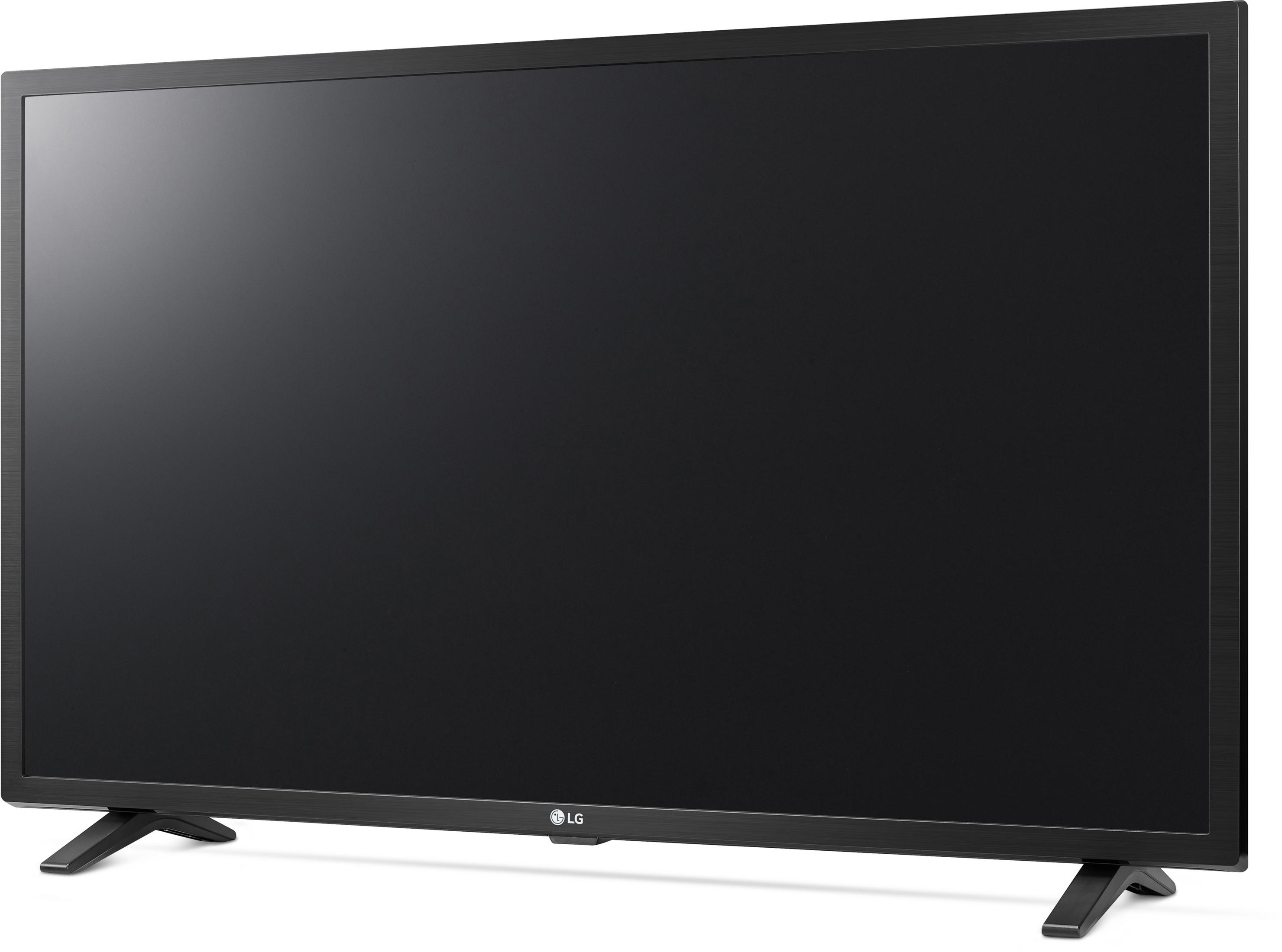 TV a schermo piatto nero su un supporto, che mostra uno schermo vuoto, isolato su sfondo bianco.