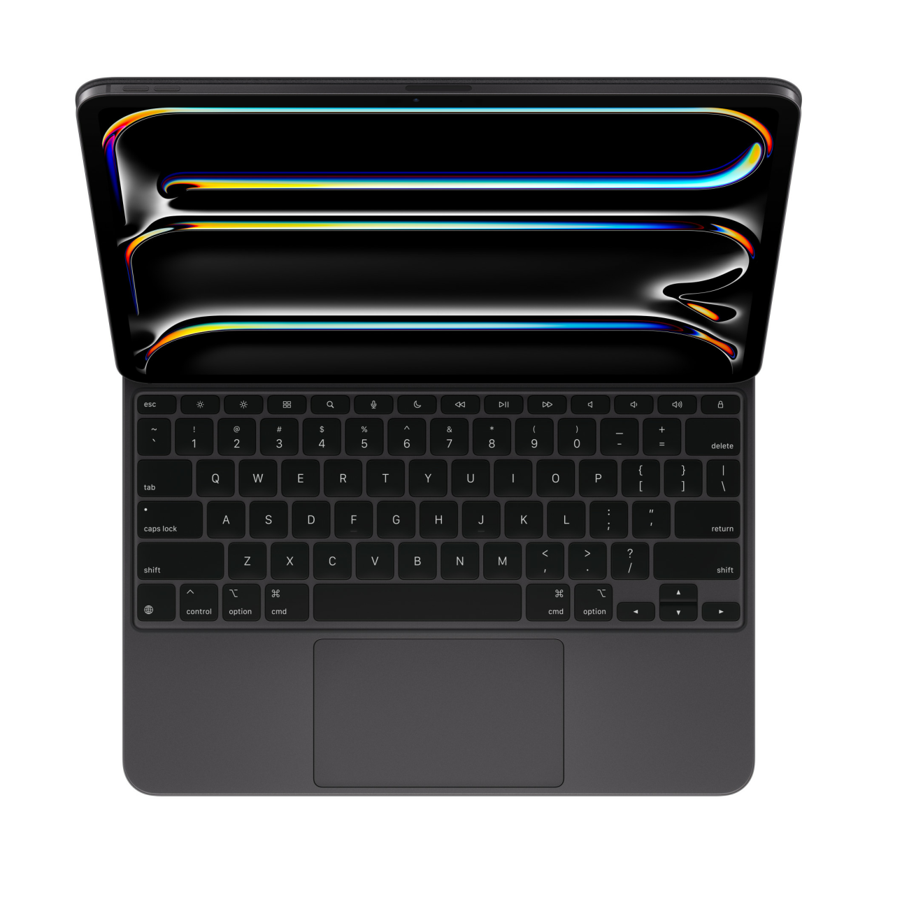 Laptop mit schwarzer Tastatur, offen, auf weißer Oberfläche.