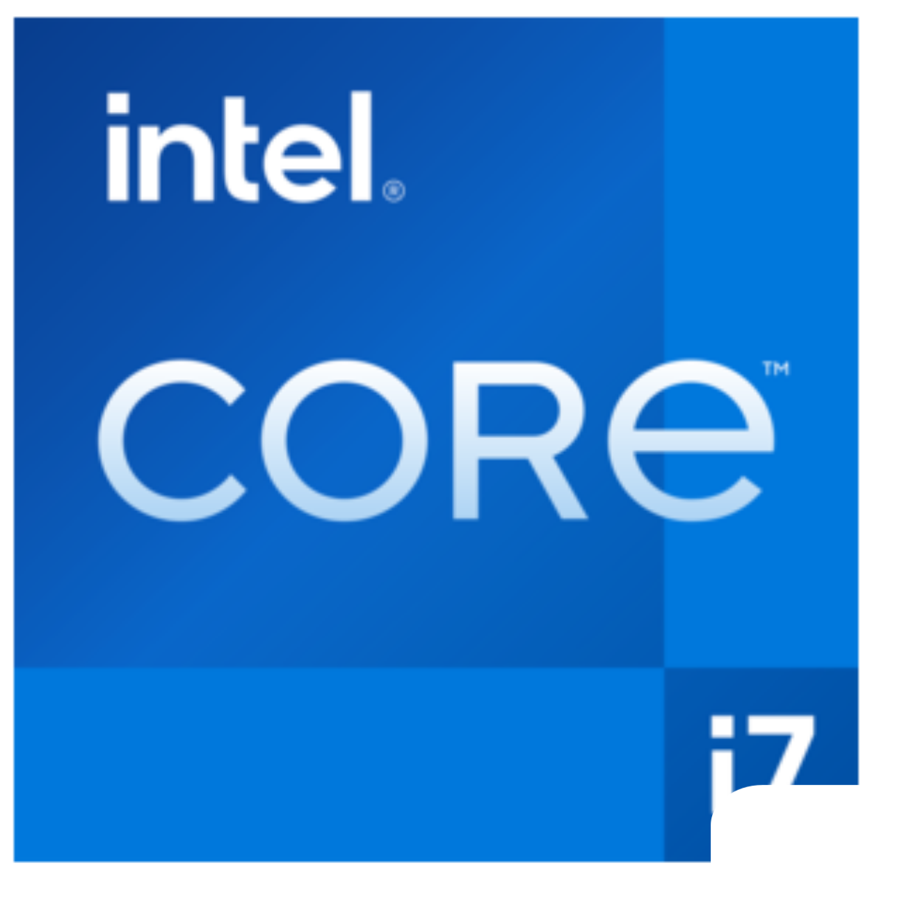 Logo del processore Intel Core i7 in blu e bianco. "CORE" in grandi lettere, "i7" in basso.