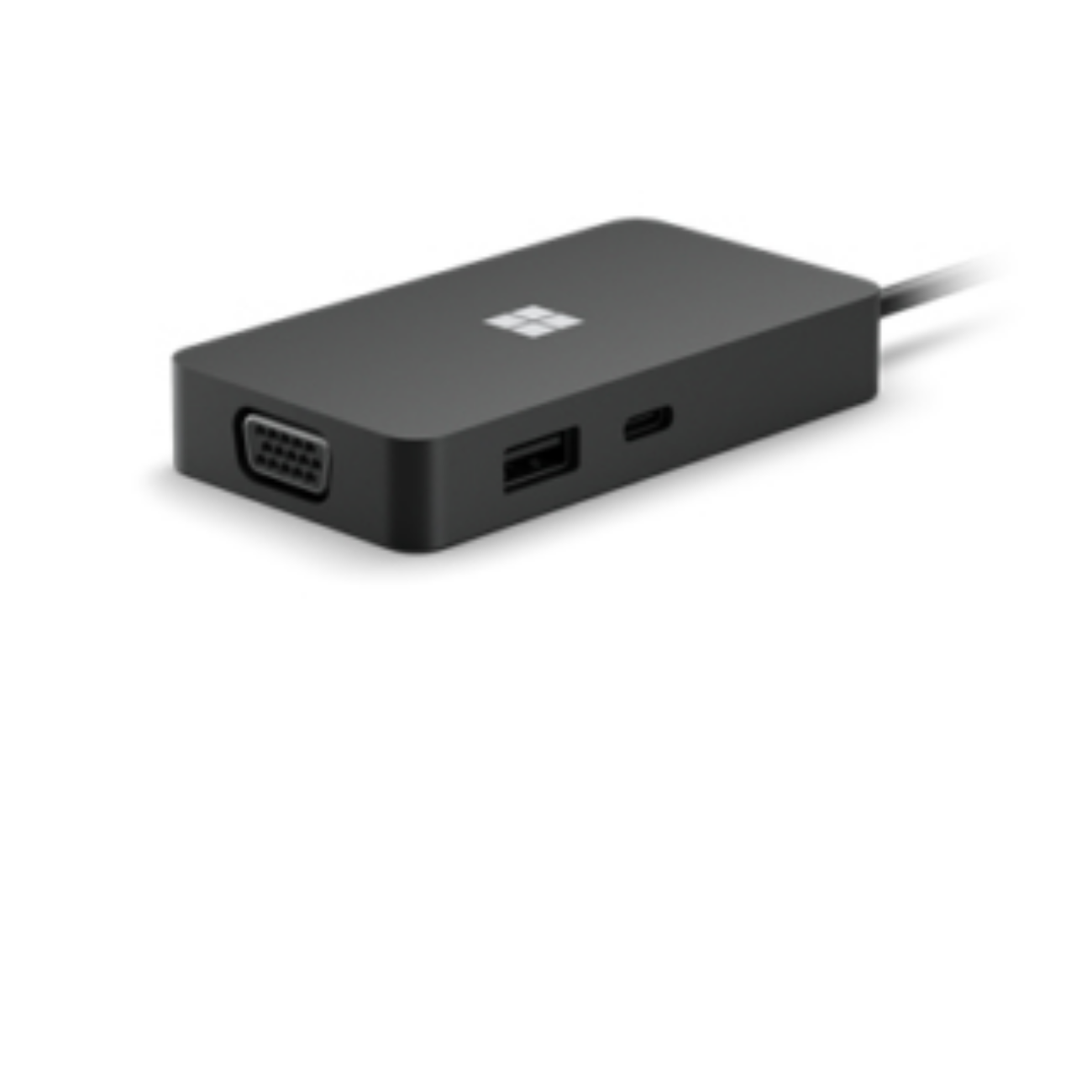 Microsoft USB-Hub, schwarz, mit verschiedenen Anschlüssen. Enthält VGA, USB und USB-C Anschlüsse.