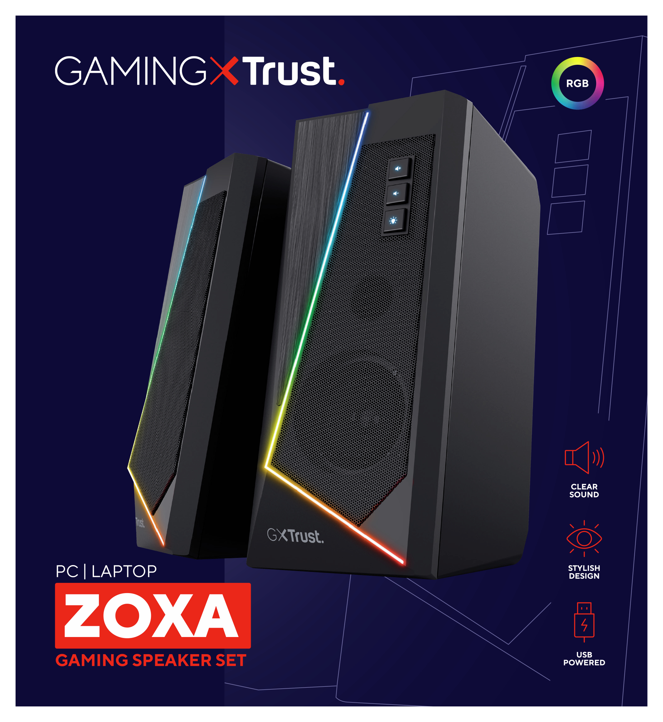 Dwa czarne głośniki z czerwonym, żółtym i zielonym światłem. Tekst mówi 'ZOXA' i 'Gaming Speaker Set'.