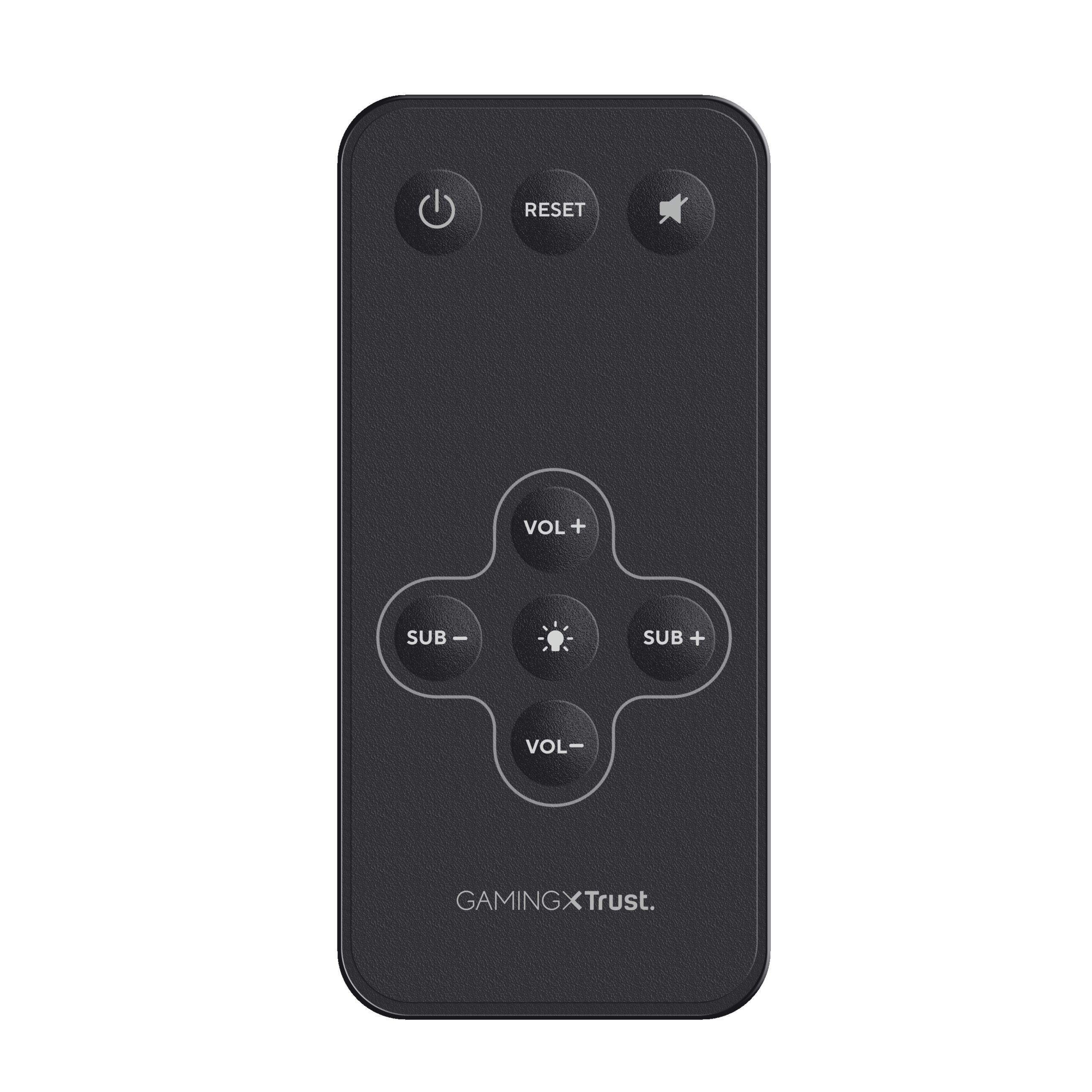 Czarny pilot z przyciskami zasilania, głośności i innych funkcji, z logo marki gamingowej.