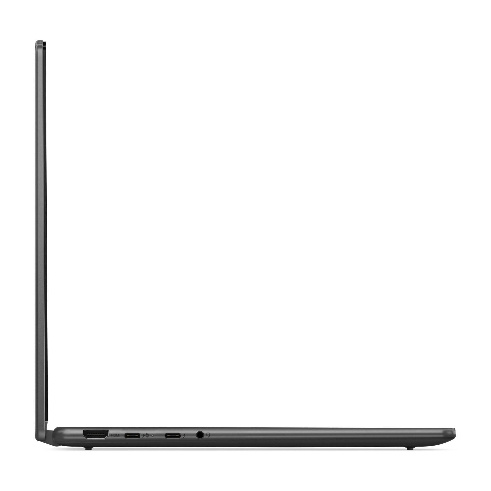 Un perfil lateral de un portátil gris con pantalla negra, sobre un fondo blanco.