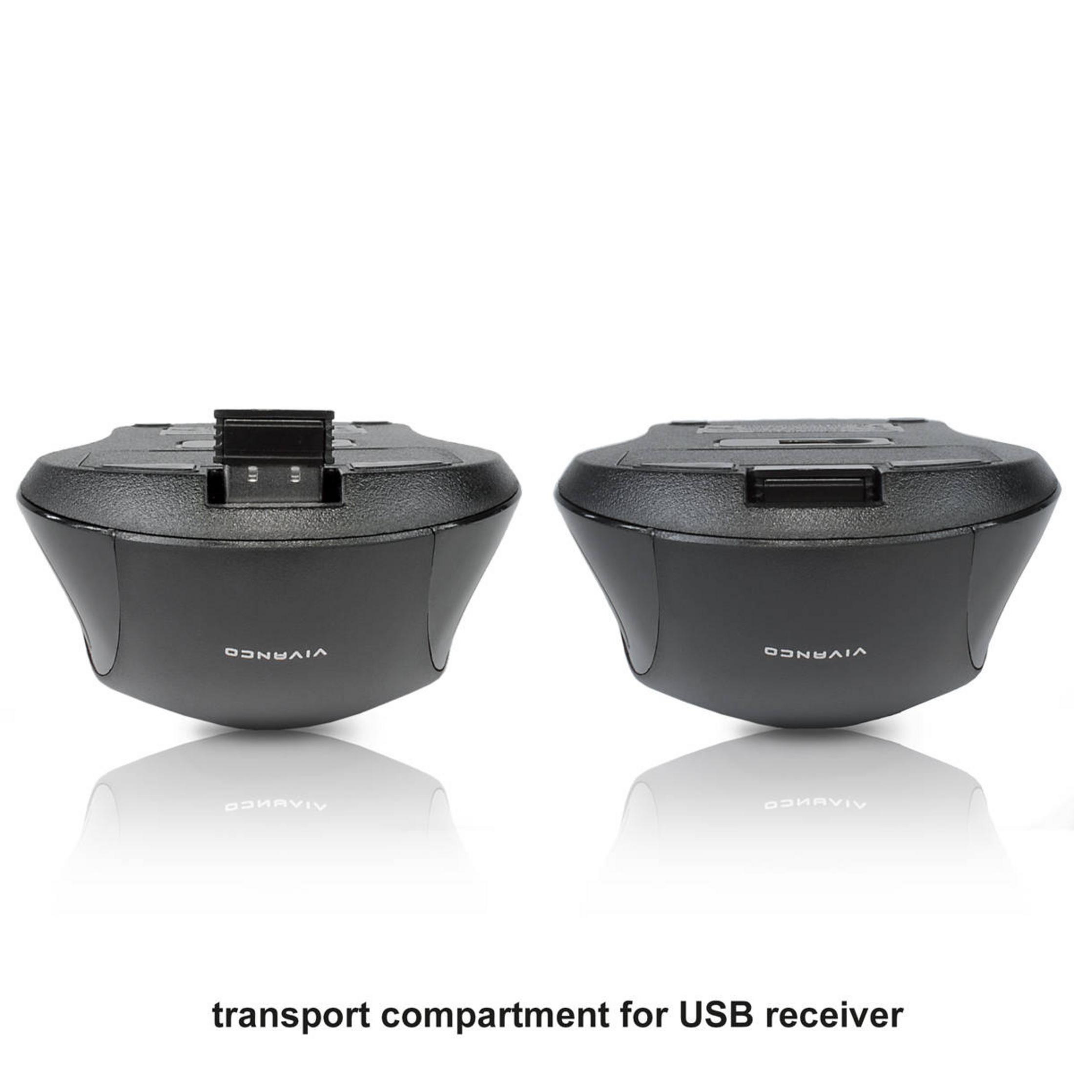 Dwa czarne, zaokrąglone etui z napisem "Vivanco". Są przeznaczone do odbiornika USB.