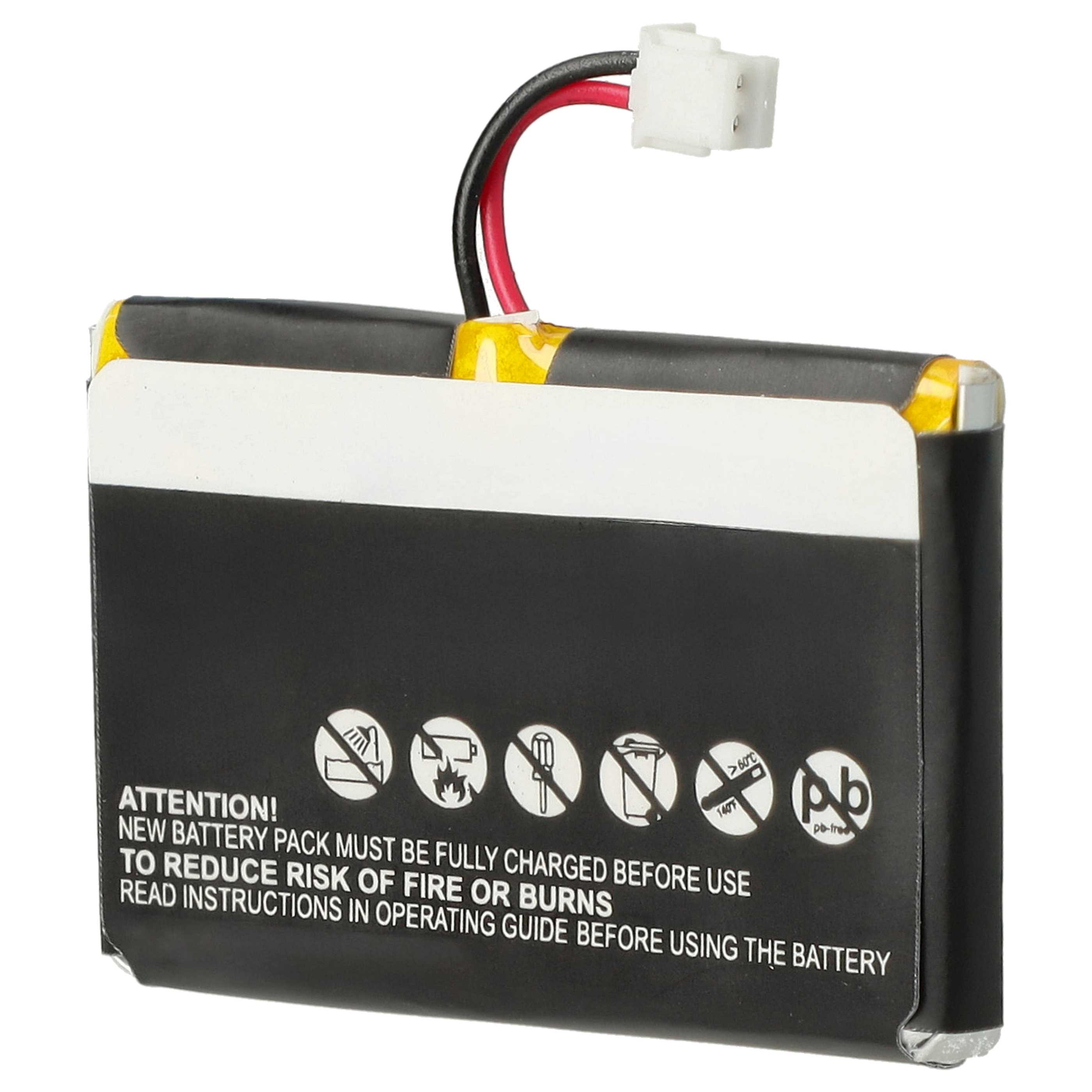 Ein schwarzes Akkupack mit Warnhinweisen und einem weißen Stecker.