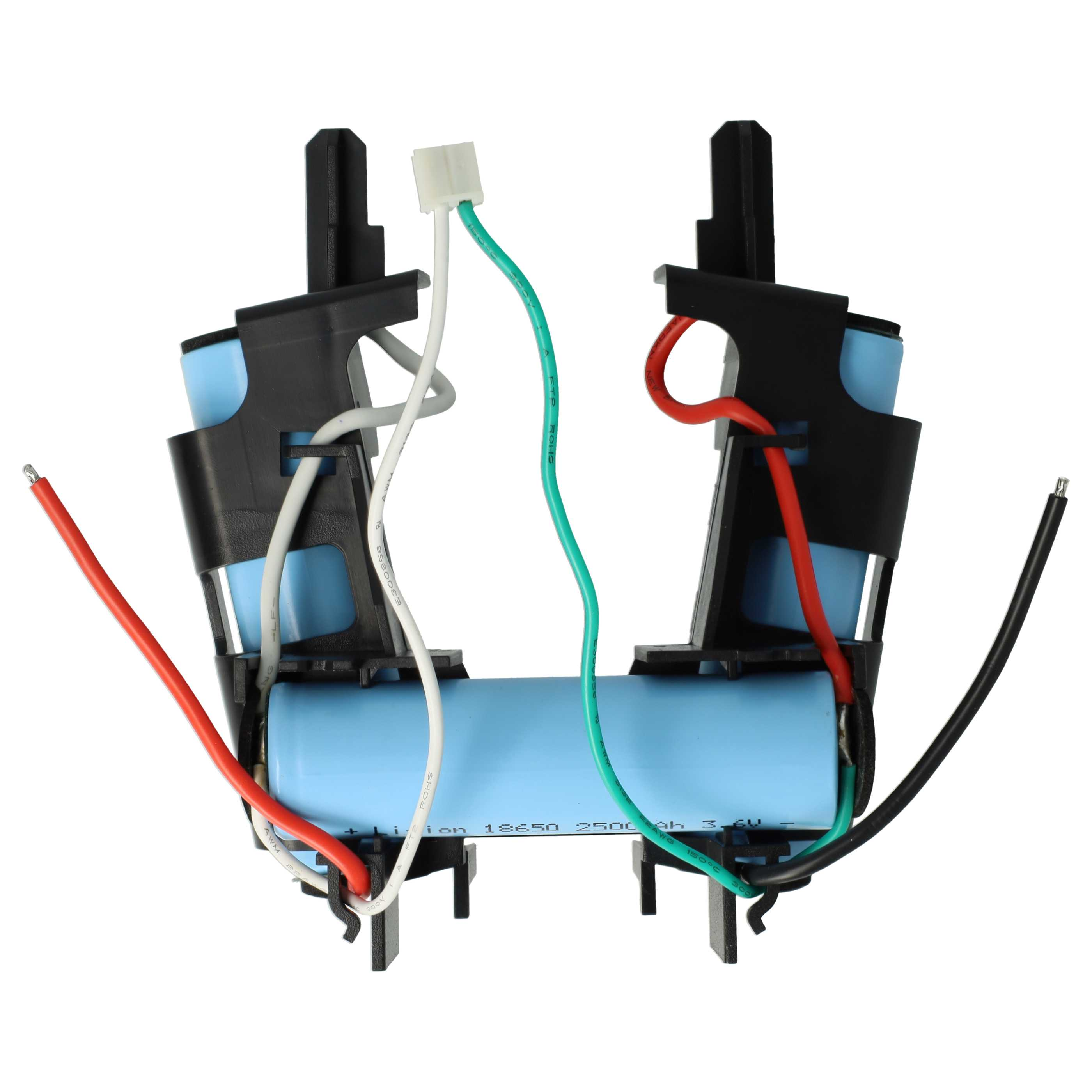Zwei hellblaue zylindrische Batterien mit weißen, roten und grünen Drähten, die an schwarzen Haltern befestigt sind.