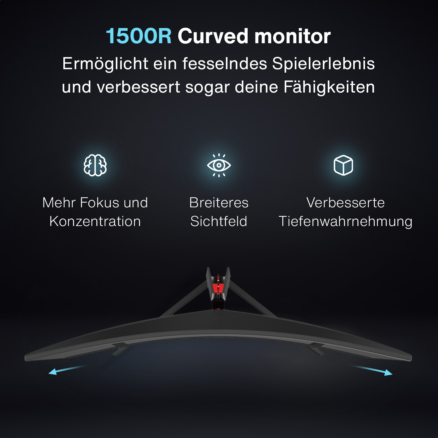 Zakrzywiony monitor z tekstem i ikonami, strzałkami na boki i ciemnym tłem.