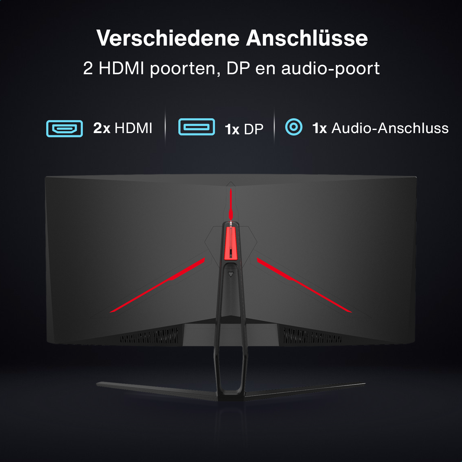 Tył monitora z portami połączeniowymi: 2 HDMI, 1 DP i 1 audio. Czerwone akcenty na czarnej powierzchni.