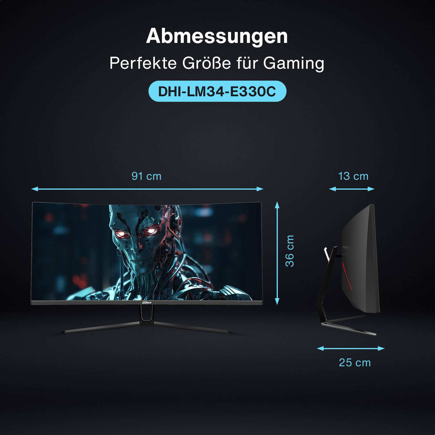 Zakrzywiony monitor komputera ze szczegółowym wyświetlaczem i wymiarami, na ciemnym tle.