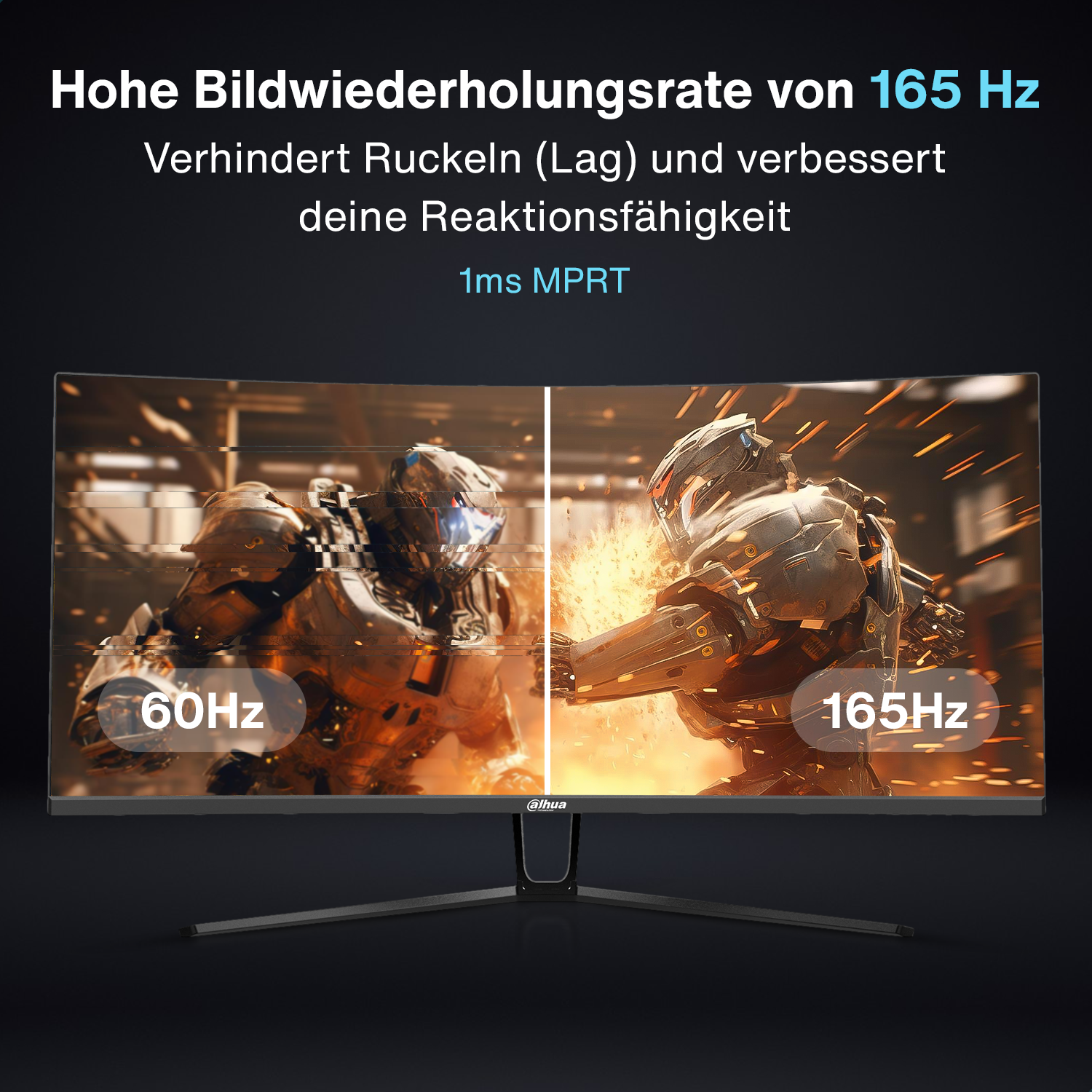 Podzielony ekran zakrzywionego monitora. Lewa strona pokazuje 60 Hz, prawa 165 Hz, z tekstem u góry.
