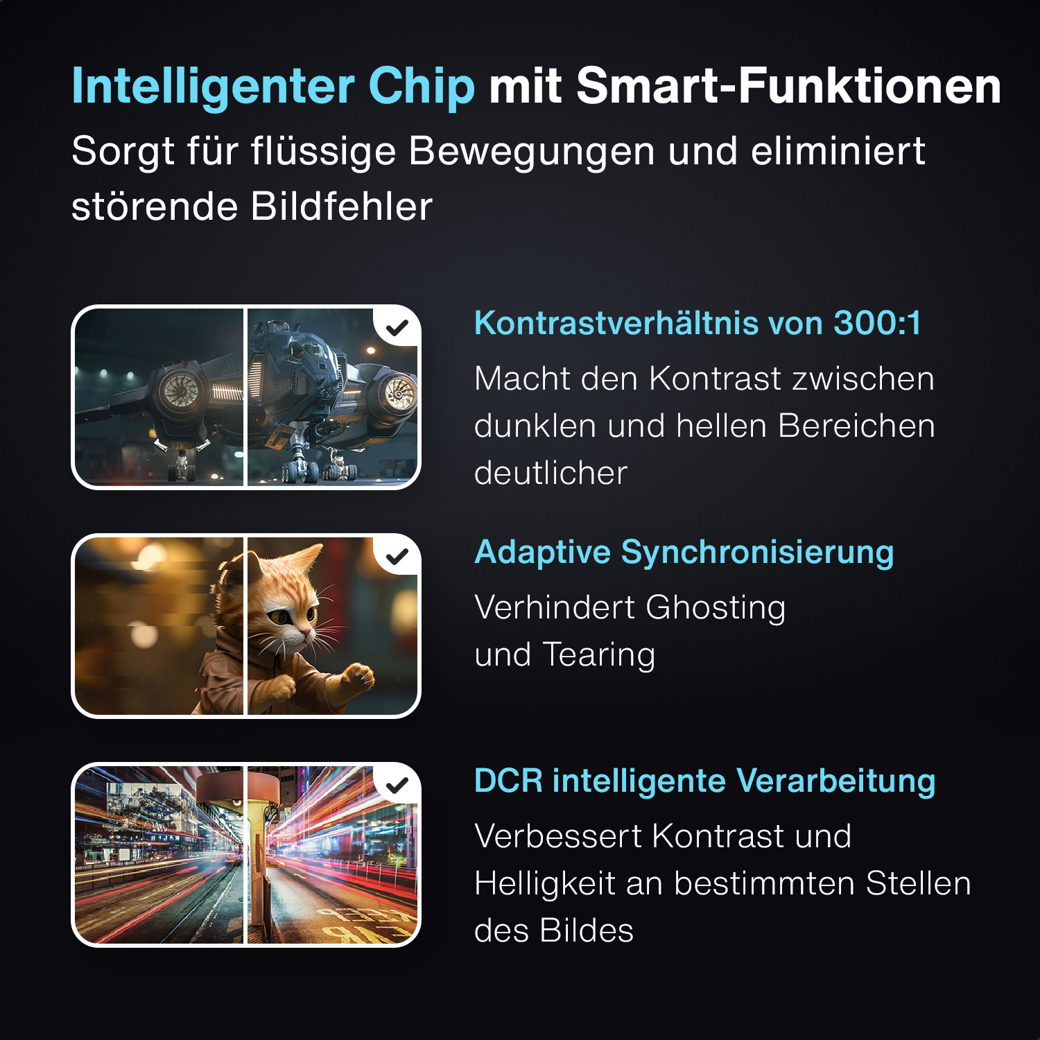 Diagram z funkcjami ekranu pokazującym kontrast, adaptacyjną synchronizację i przetwarzanie DCR.