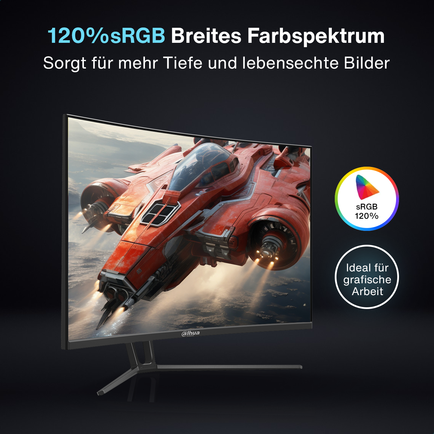 Monitor komputera z grafiką czerwonego statku kosmicznego. Tekst: 120% sRGB, idealny do pracy graficznej.