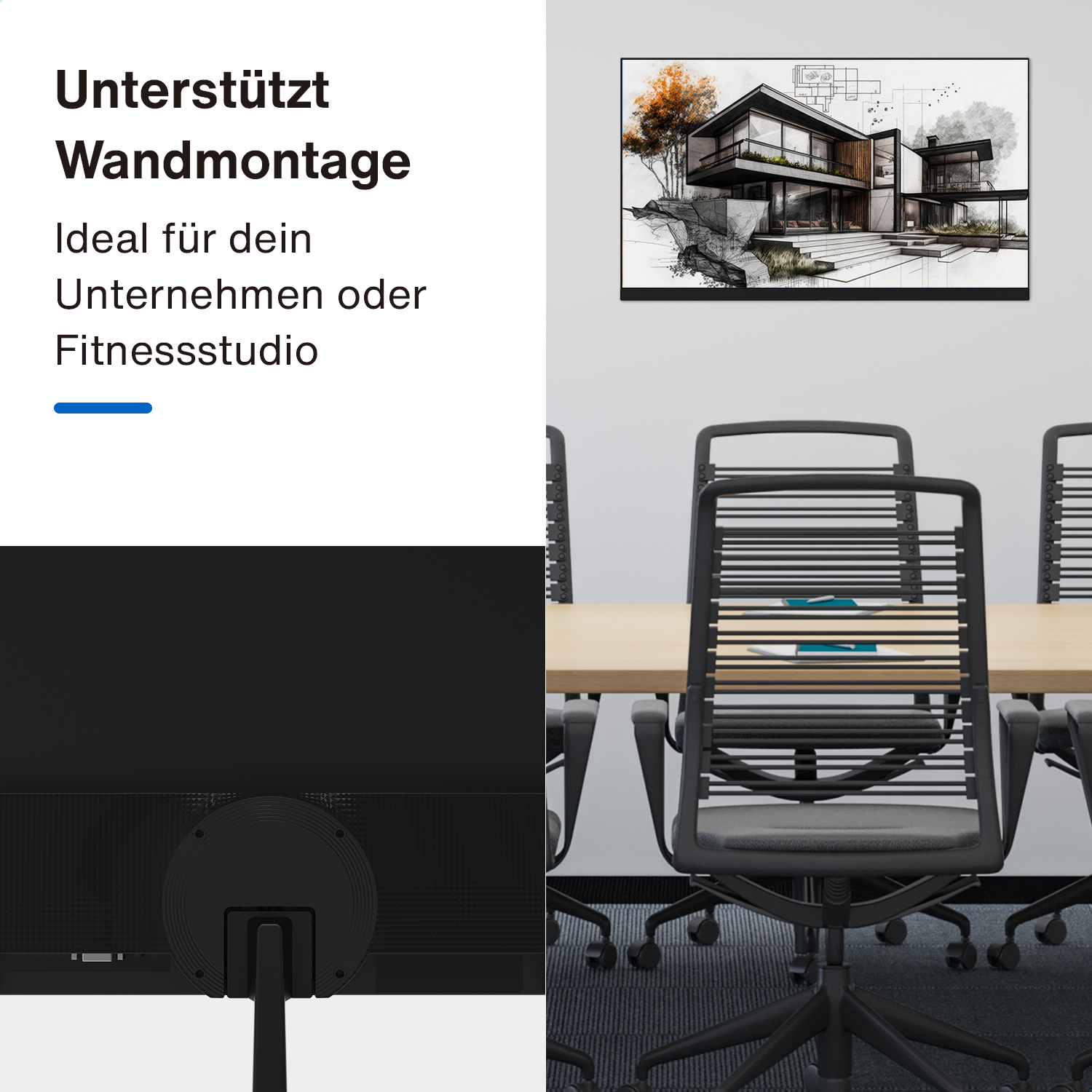 Scène intérieure de bureau avec un moniteur, des chaises et un dessin de maison moderne.
