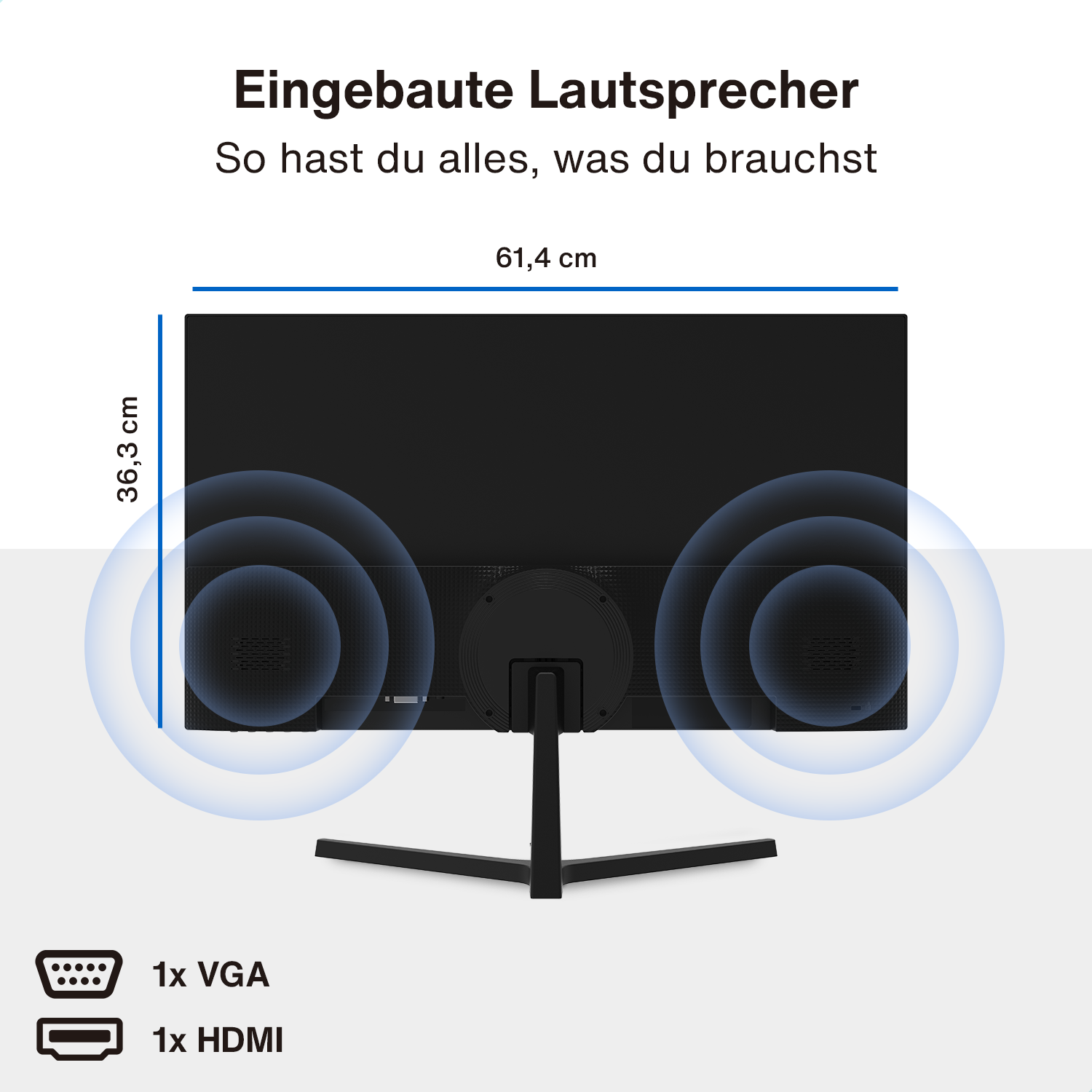 Vue arrière d'un moniteur avec haut-parleurs intégrés, montrant les dimensions et les ports.