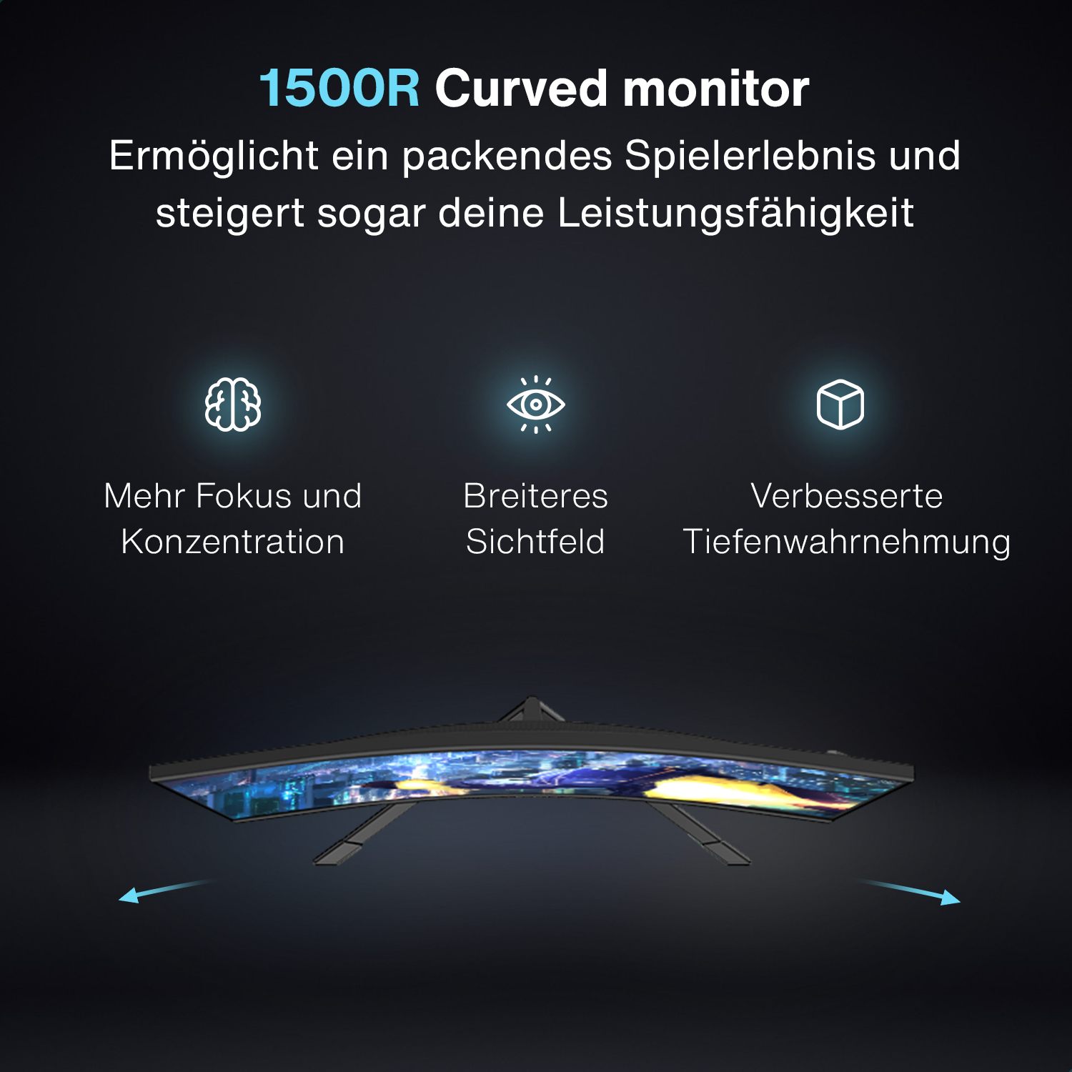 Zakrzywiony monitor komputera na ciemnym tle z tekstem, strzałkami i ikonami.